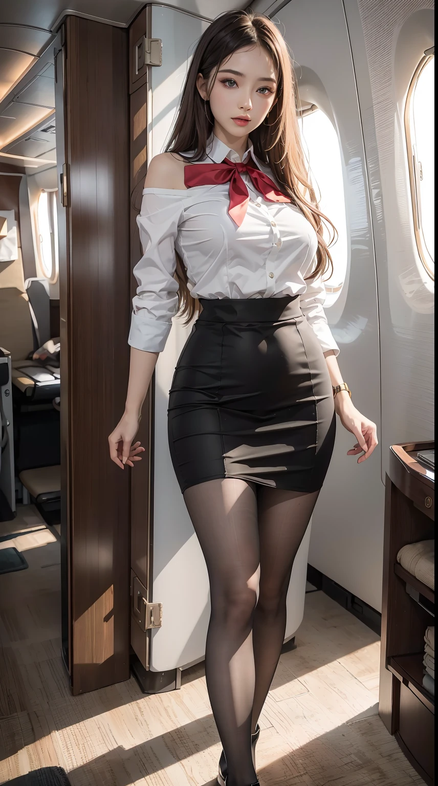 （From the outside） ， Many colors，best qualtiy，8K，Real Photographics，Delicate skin details，tmasterpiece，photos realistic，intricate-detail，RAW photogr,in an airplane，ssmile，florals，Stewardess，sockes,extra long hair，cropped shoulders，delicated face，Hainan Airlines，Professional attire of flight attendants，Manteau，skirt by the，ornamented，Perfect Finger，Dissection is correct，(Large room，0.8)，Big Cuby hips，shiny skins，Shooting from front