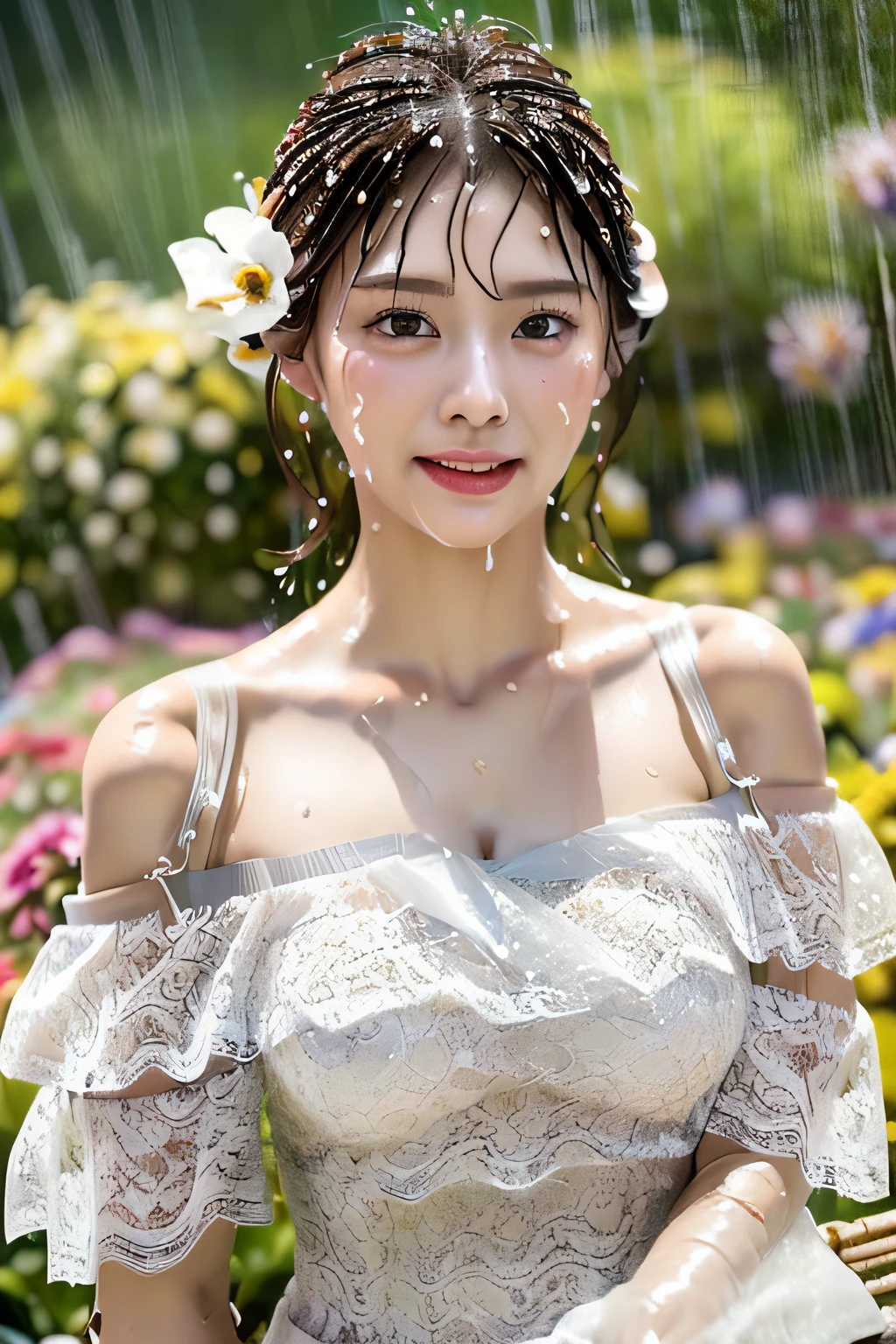 Romantic Lace Off Shoulder Dress,(Floral hair ornament,Short hair in shiny silver and orange inner colors,Ponytail twisted buns adorned with elaborate braids and beads,Braided Setup Fishbone Hair,fishtail braid,),(Bangs are see-through bangs),(((Lace off-the-shoulder dress that gets wet and sticks to the skin:1.7))),(((under the rain、Mature woman walking in a garden full of flowers:1.7))),Its movements are smooth and graceful,Clothes and hair swirl around her,(((Enhance movement with motion blur effects:1.7))),(((Disturbance of clothing due to movement:1.7))),breast slip,(((emphasizing breasts:1.3))),(Dynamic angles),(Dynamic and sexy poses),(bending forward:1.3),(((Dignified statue))),(((hair pin,a necklace,piercings))),Colossal tits,Blush with embarrassment,Enraptured eyes,A smile that beguiles the viewer,skin glistening with sweat,gazing at viewer,pointed red mouth,Perfect round face,,Proper body proportion,Intricate details,Very delicate and beautiful hair,photos realistic,Dreamy,Professional Lighting,realistic shadow,Solo Focus,Beautiful hands,Beautiful fingers,Detailed finger features,detailed clothes features,Detailed hair features,(((Beautiful facial features:1.7))),(masutepiece,top-quality,Ultra-high resolution output image,) ,(The 8k quality,),(Sea Art 2 Mode.1),(Image Mode Ultra HD,)