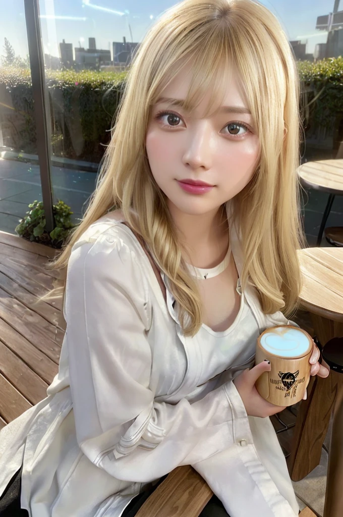 a girl sitting on a chair outside of a coffee shop, (large coffee shop:1.4),  (wooden chairs:1.4), (table:1.4), drinking coffee, (coffee mug:1.4), Thick Body, (Long Blond Hair:1.4), Green Eyes, HDR (High Dynamic Range), Ray Tracing, NVIDIA RTX, Super-Resolution, Unreal 5, Subsurface Scattering, PBR Texturing, Post-Processing, Anisotropic Filtering, Depth-Of-Field ,Maximum Clarity And Sharpness, Multi-Layered Textures, Albedo And Specular Maps, Surface Shading, Accurate Simulation Of Light-Material Interaction, Octane Render, Two-Tone Lighting, Low ISO, White Balance, Rule Of Thirds, Wide Aperture, 8K RAW, Efficient Sub-Pixel, Sub-Pixel Convolution, (Luminescent Particles:1.4), {{Masterpiece, Best Quality, Extremely Detailed CG, Unity 8k Wallpaper, 3D, Cinematic Lighting, Lens Flare}},
