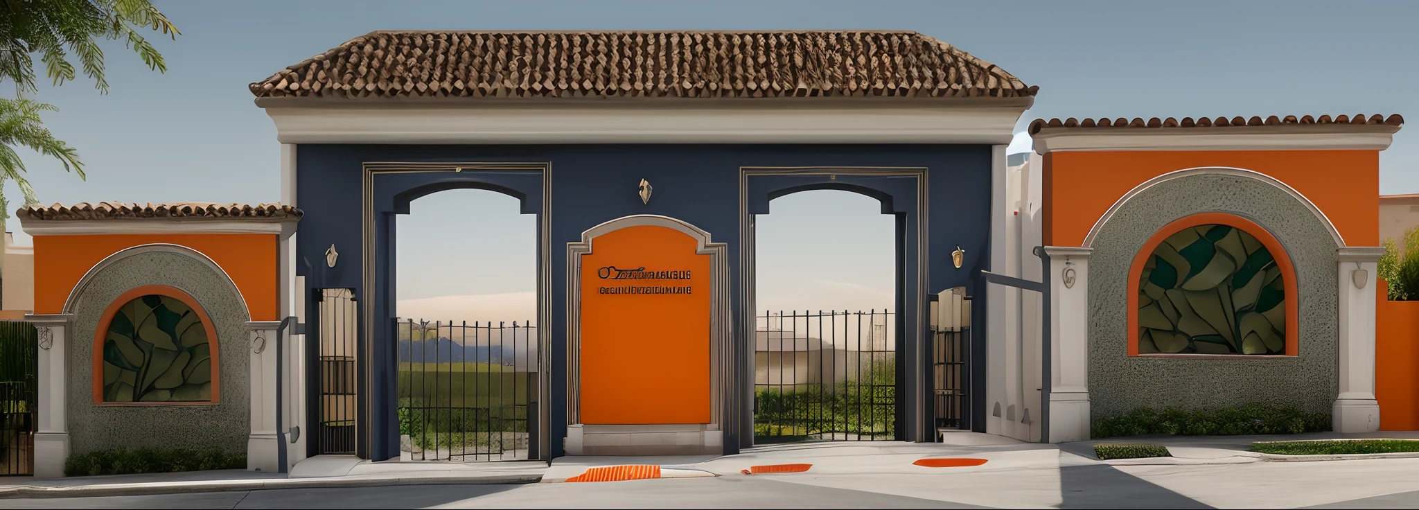 Exterior entrance to residential development, estilo neoclasico, al amanecer, (en la parte superior de una colina), con fachaletas de piedra en sus laterales y una fuente central, esta fuente tipo muro que sale agua y resbala sobre su superfice de peidra, portones de acceso vehicular altos de verjas metalicas, y acceso peatonal elegante, with plants that adorn the interior of the urbanization, Beautiful landscape with trees and green grass, Navy blue and orange color scheme.