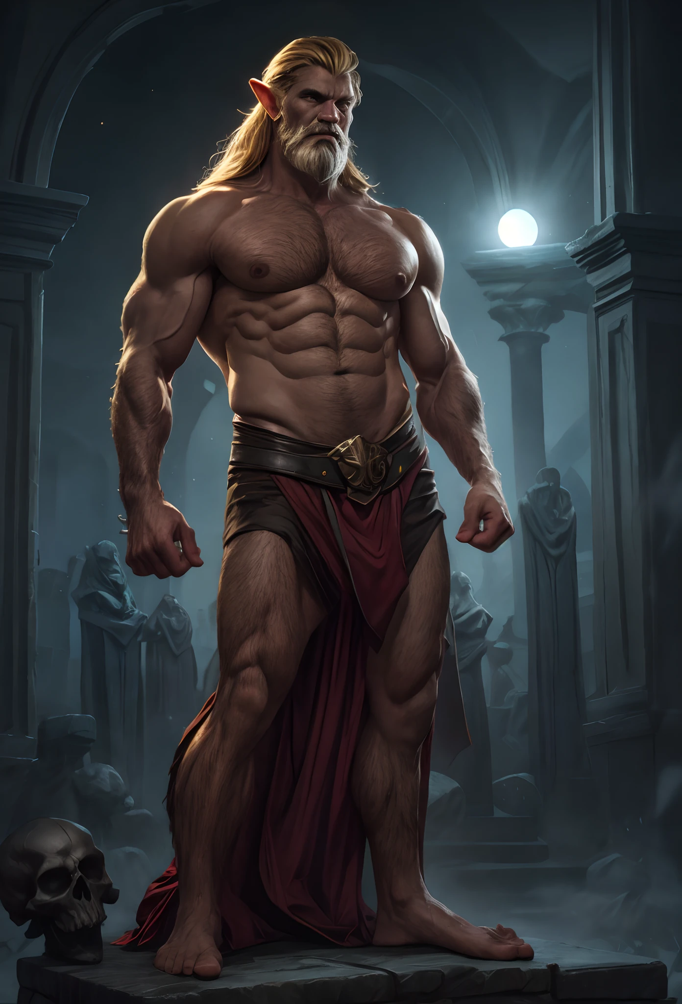 40 year handsome old elf, pale skin, blonde hair, abino skin, long straight hair, wearing elfin , sitting , mustache, piercing blue eyes, brown hair, pronounced brow ridge, strong jaw, high cheekbones, (complete body:1.5), sitting on a bed spreading his legs, very beefy muscles, bulging biceps, bulging triceps, bulging pectorals, bulging quads, bulging trapezoids, wide shoulders, bulging calves, bulging forearms, hairy, (giant:1.5), tall, solo person. Art deco masterpiece, alpha male, at night, skull, nightmare, fire, intricately detailed, sharp focus, extremely detailed, dark fantasy, glowing, colorful painting, rich color, HDR, octane render, digital illustration, cinematic light, sitting on the throne, Explore the beauty of a moonlit cemetery, with weathered tombstones, crypts, and the feeling that the spirits of the departed may not be at rest