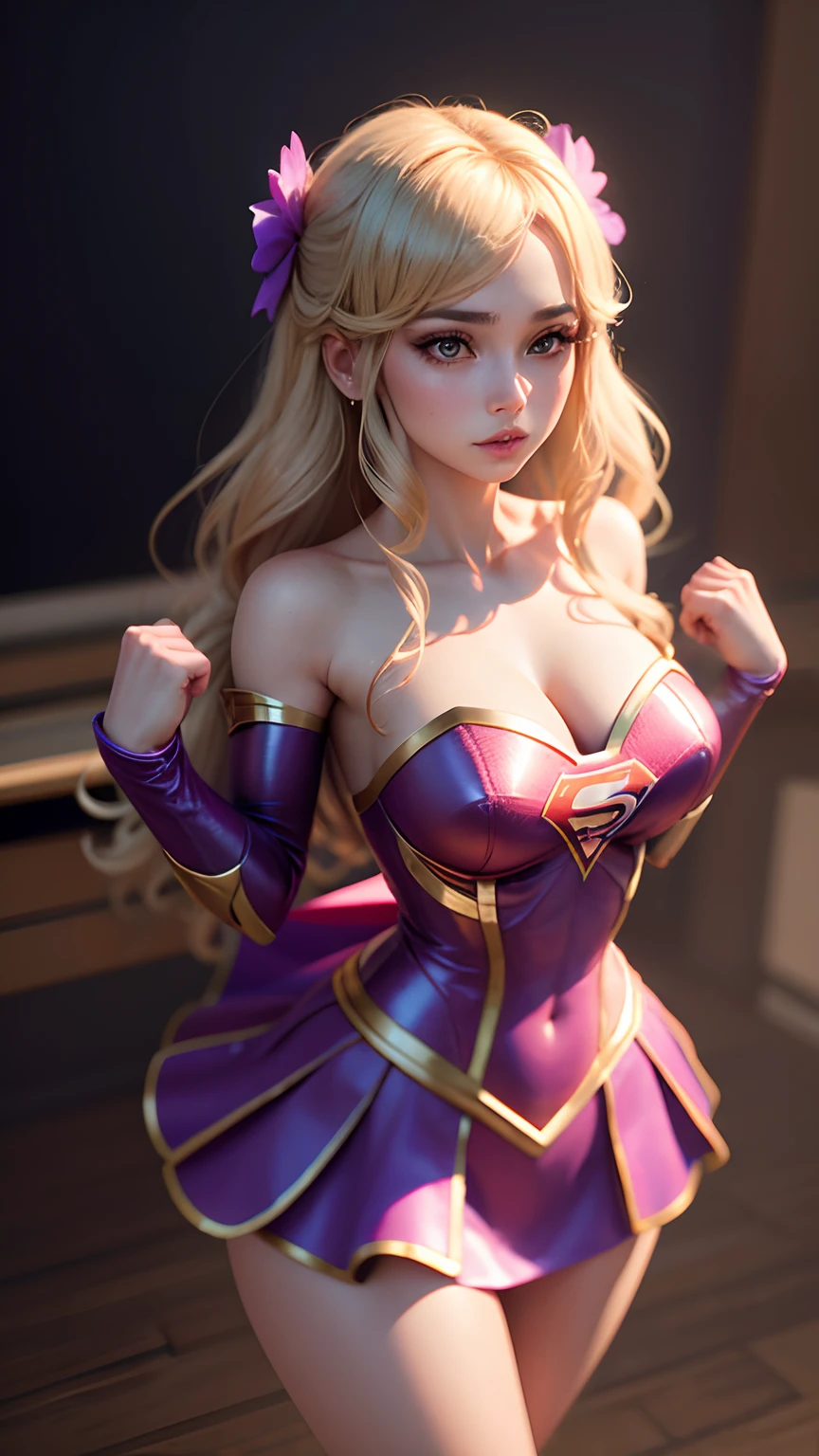 Mulher fofinha, corpo fofo, seios grandes, vestido fantasia de Supergirl,ultra realista, anime 3D, In an exotic and sensual pose, with two hands touching between the hairs loiro