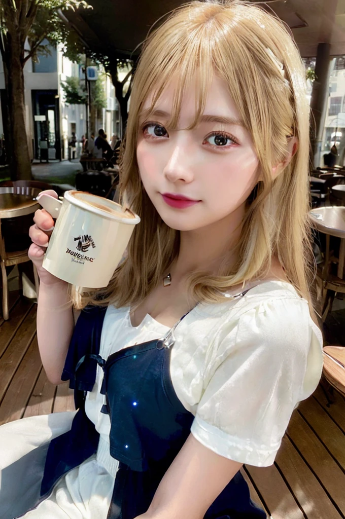 a girl sitting on a chair outside of a coffee shop, (large coffee shop:1.4),  (wooden chairs:1.4), (table:1.4), drinking coffee, (coffee mug:1.4), Thick Body, (Long Blond Hair:1.4), Green Eyes, HDR (High Dynamic Range), Ray Tracing, NVIDIA RTX, Super-Resolution, Unreal 5, Subsurface Scattering, PBR Texturing, Post-Processing, Anisotropic Filtering, Depth-Of-Field ,Maximum Clarity And Sharpness, Multi-Layered Textures, Albedo And Specular Maps, Surface Shading, Accurate Simulation Of Light-Material Interaction, Octane Render, Two-Tone Lighting, Low ISO, White Balance, Rule Of Thirds, Wide Aperture, 8K RAW, Efficient Sub-Pixel, Sub-Pixel Convolution, (Luminescent Particles:1.4), {{Masterpiece, Best Quality, Extremely Detailed CG, Unity 8k Wallpaper, 3D, Cinematic Lighting, Lens Flare}},