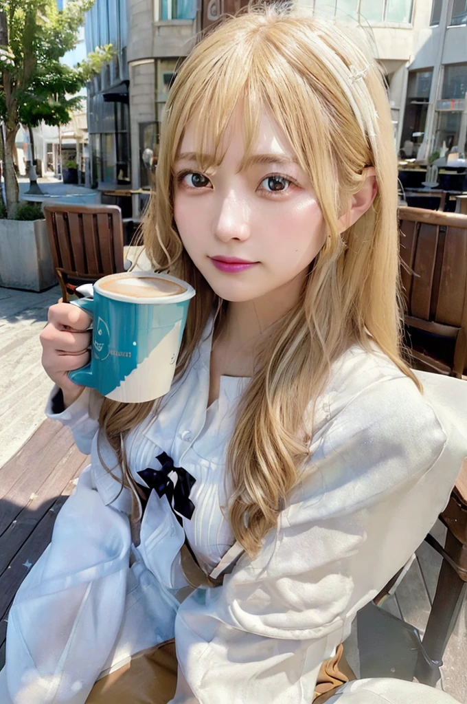 a girl sitting on a chair outside of a coffee shop, (large coffee shop:1.4), (wooden chairs:1.4), (table:1.4), drinking coffee, (coffee mug:1.4), Thick Body, (Long Blond Hair:1.4), Green Eyes, HDR (High Dynamic Range), Ray Tracing, NVIDIA RTX, Super-Resolution, Unreal 5, Subsurface Scattering, PBR Texturing, Post-Processing, Anisotropic Filtering, Depth-Of-Field ,Maximum Clarity And Sharpness, Multi-Layered Textures, Albedo And Specular Maps, Surface Shading, Accurate Simulation Of Light-Material Interaction, Octane Render, Two-Tone Lighting, Low ISO, White Balance, Rule Of Thirds, Wide Aperture, 8K RAW, Efficient Sub-Pixel, Sub-Pixel Convolution, (Luminescent Particles:1.4), {{Masterpiece, Best Quality, Extremely Detailed CG, Unity 8k Wallpaper, 3D, Cinematic Lighting, Lens Flare}},