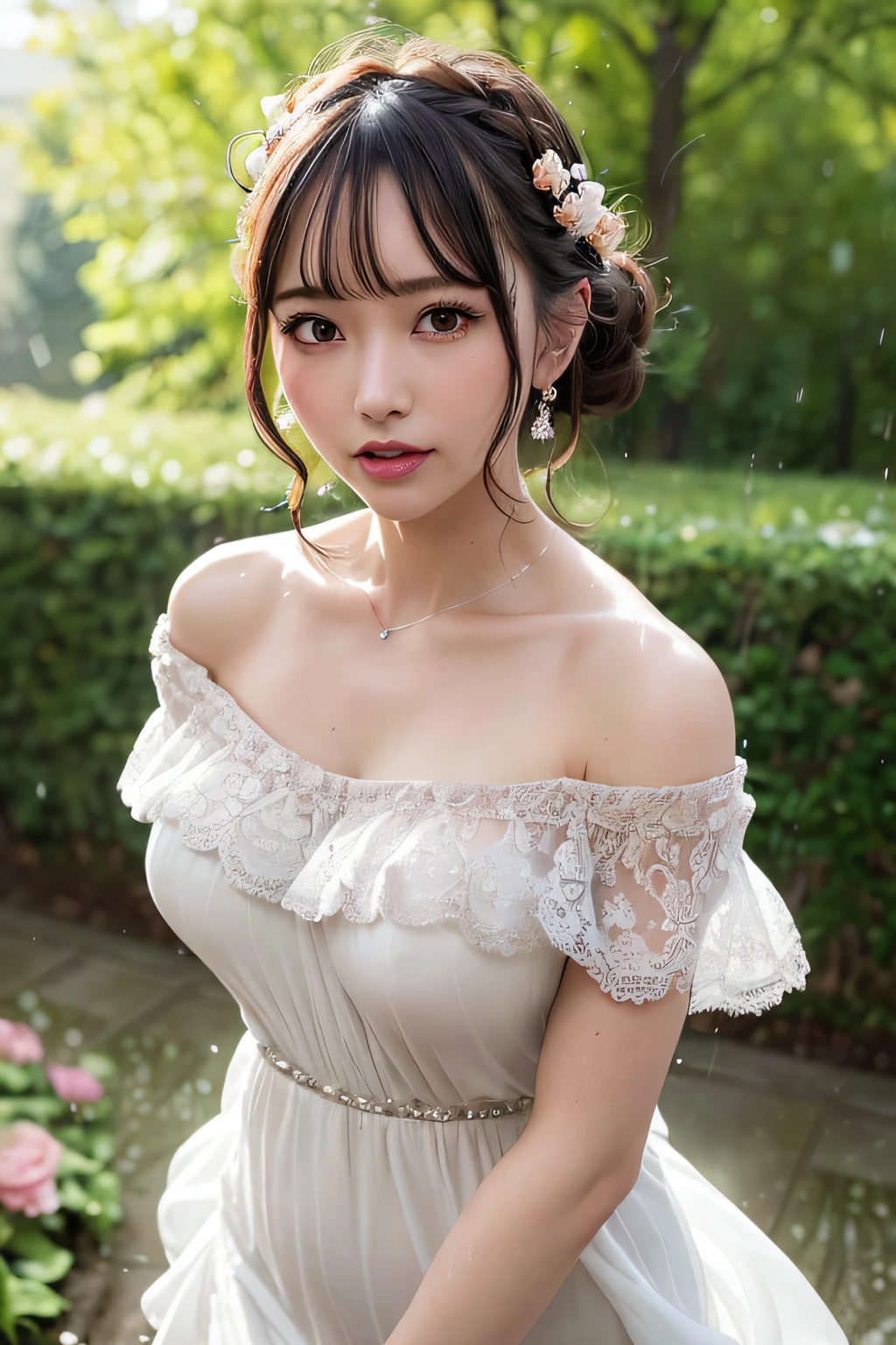 Romantic Lace Off Shoulder Dress,(Floral hair ornament,Short hair in shiny silver and orange inner colors,Ponytail twisted buns adorned with elaborate braids and beads,Braided Setup Fishbone Hair,fishtail braid,),(Bangs are see-through bangs),(((Lace off-the-shoulder dress that gets wet and sticks to the skin:1.3))),(((under the rain、Mature woman walking in a garden full of flowers:1.3))),Its movements are smooth and graceful,Clothes and hair swirl around her,(((Enhance movement with motion blur effects:1.3))),(((Disturbance of clothing due to movement:1.7))),breast slip,(((emphasizing breasts:1.3))),(Dynamic angles),(Dynamic and sexy poses),(bending forward:1.3),(((Dignified statue))),(((hair pin,a necklace,piercings))),Colossal tits,Blush with embarrassment,Enraptured eyes,A smile that beguiles the viewer,skin glistening with sweat,gazing at viewer,pointed red mouth,Perfect round face,,Proper body proportion,Intricate details,Very delicate and beautiful hair,photos realistic,Dreamy,Professional Lighting,realistic shadow,Solo Focus,Beautiful hands,Beautiful fingers,Detailed finger features,detailed clothes features,Detailed hair features,(((Beautiful facial features:1.3))),(masutepiece,top-quality,Ultra-high resolution output image,) ,(The 8k quality,),(Image Mode Ultra HD,)