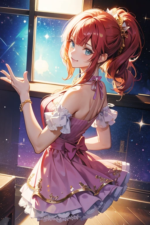 {{{{{Maki Nishikino}}}}},{{{lovelive}}},pink colour,sexy lace ballet Deep v,be shy,Sexy magnificent/gorgeous Siamese purple lace ballet,petite,small and exquisite,{{{loli}}},Her breasts are not big,night sky,arrays/swarms of stars,Milky Way,Please draw a masterpiece, an extremely exquisite illustration, so that I can see the most real light and shadow and the Milky Way - the most detailed background - the most detailed details. The most beautiful little body the smoothest skin. Wearing a layer of tulle lace sexy gorgeous clothes, with long big top sleeves. She put her hands behind her back,(extremely detailed CG unity 8k wallpaper),(((masterpiece))), (((best quality))), ((ultra-detailed)), (best illustration), [:((flat color),(bright colorful background),(((high saturation))),