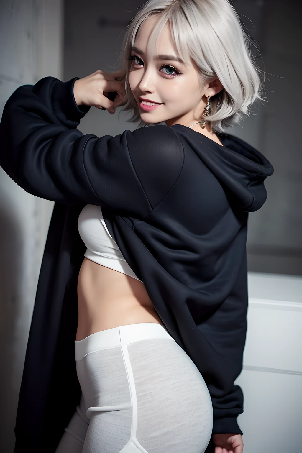 masterpiece, 8K, Award-winning photo, photoRealistic, Realistic, Super detailed, Ultra-high resolution, Ray Trakun, 
_
The most beautiful, 22 years old ,(sexy,Japanese Idols, Gray Hair, short hair),Shiny skin , Detailed skin , Detailed face , Fine grain ,
_
View your viewers, I can see her cleavage, 
_
break (Droopy eyes, Natural Makeup,smile, shining teeth 1.2),Light color Medium-large breasts, 
_
Sparkling blue eyes, Sunburn,
_
break (Black Theme:1.3),((Oversized black sweatshirt,Big Size)), (skirt:1.2),
_
Inorganic concrete studio with windows, Highly detailed background, , ultra-Realistic textures, Dramatic lighting ,RAW Photos, One girl,
_ Dynamic Angle, (upskirt:1.3),