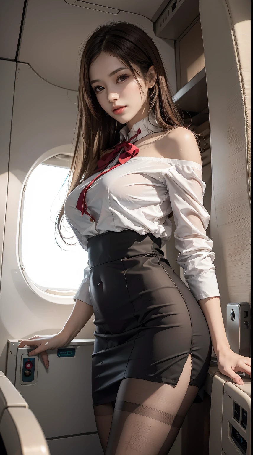 （From the outside） ， Many colors，best qualtiy，8K，Real Photographics，Delicate skin details，tmasterpiece，photos realistic，intricate-detail，RAW photogr,in an airplane，ssmile，florals，Stewardess，sockes,extra long hair，cropped shoulders，delicated face，Hainan Airlines，Professional attire of flight attendants，Manteau，skirt by the，ornamented，Perfect Finger，Dissection is correct，(Large room，0.8)，Big Cuby hips，shiny skins，Shooting from front