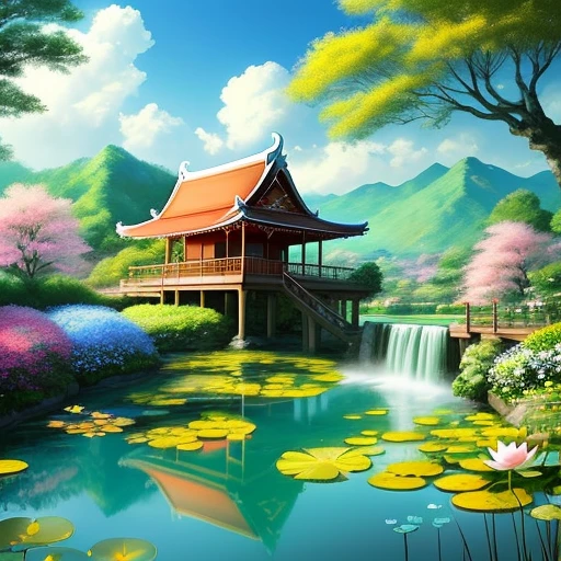 with a realistic、Be authentic、beautifly、amazing landscape、with blue sky and white clouds、flower、Chii、the woods 、mont、The lotus flowers,garden,vila,city,region,Yellow Temple、a paradise、a chair、a bed、Smoke、Fluttering Flag、Indoor, Red carpet,canopy,thai style,Resort、springtime、full bloom、flat land、celestial realm、Yellow roof、safety、railing、placid