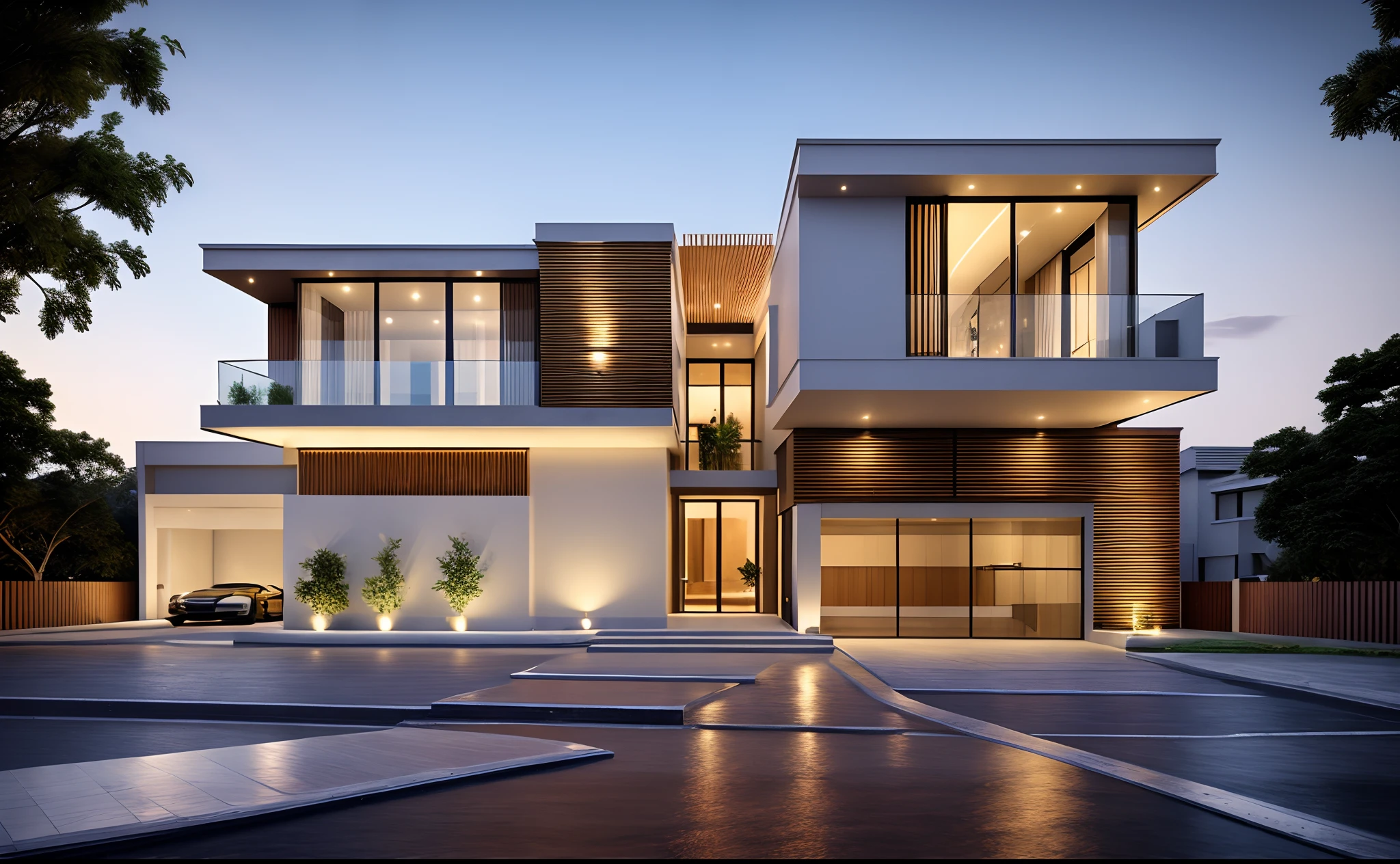 Perspective of a modern house with a large enough front yard, main materials are light yellow walls, stone and wood, a road running in front of the house, (RAW photo, real, best quality, masterpiece: 1.2), current view modern minimalist, 1 street in front of house, shime ring light, indoor brightness:1.2, dynamic lighting:1.3, (hyper-realistic, photo-realistic:1.2), high quality, daylight, contrast high:0.5 perfect light, Archdaily, contemporary masterpiece award, award winning contemporary, beautifully designed masterpiece, spacious modern mansion, modern neo-traditional, wide angle exterior 2022 , mid-century modern, contemporary home, stylish modern feel, long front view, award-winning modern design, stunning lines, residential, exquisite details, indoors gently:1.3