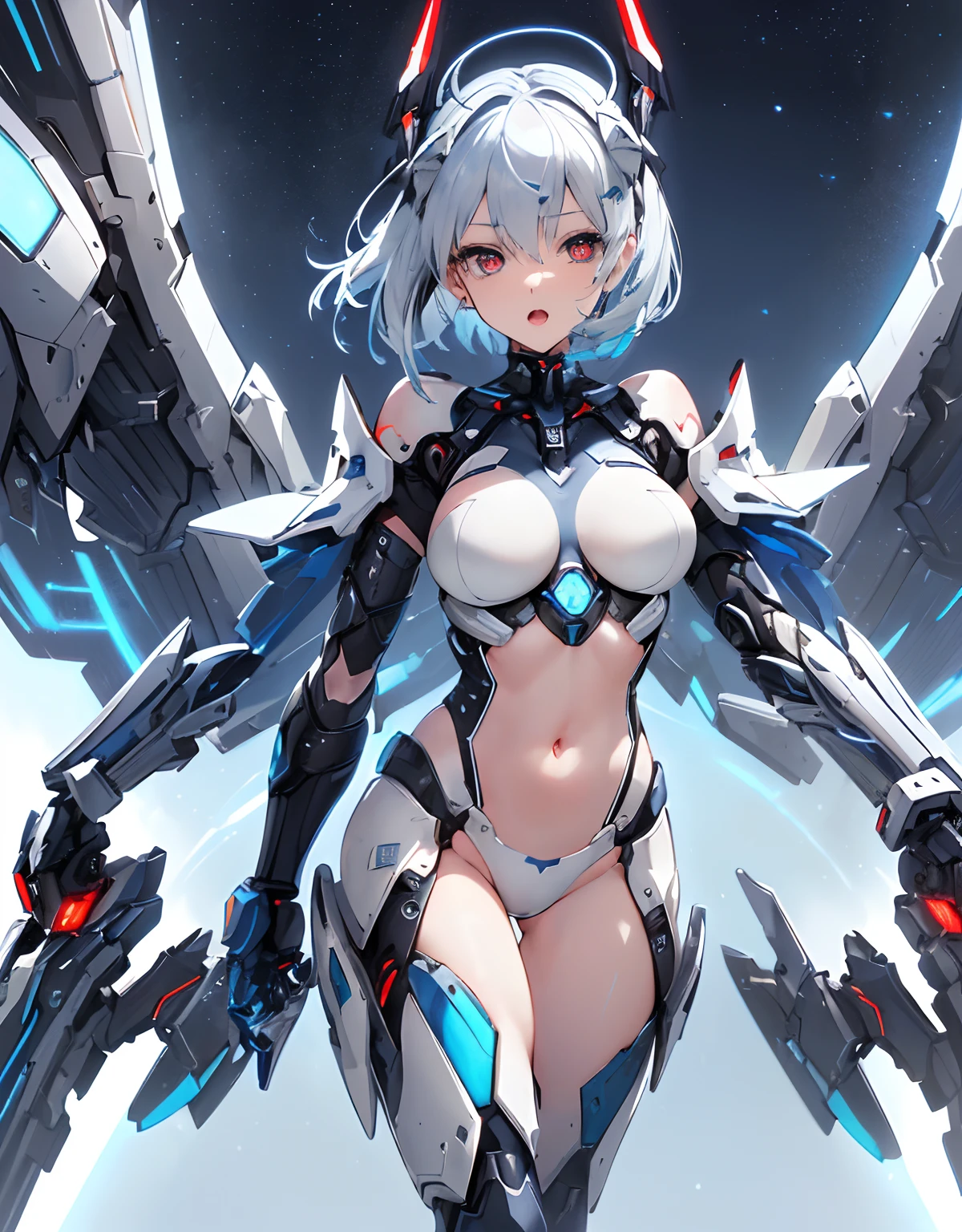 ((Masterpiece, Highest quality)), Detailed face, Beautiful face, full bodyesbian, Full of details, Highly detailed, Depth, Beautiful girl with piblue hair,short blue hair,Sick,White pupils,The legs are very thin,The legs are long, red eyelashes, masterpiece, 1girl Rei Ayanami((20year old, futuristic mech armor blue and white exposes navel, medium breasts, flirting, looking towards camera, sci-fi battlefield, Looking back, hawken, Open mouth, short hair, (Blue hair, Deep red Eyes:1.2), Sparkling eyes, Cute face, kawaii, Large breasts, delicate hair, disheveled hair, (((Floating))、Blue sky, white clouds), Shiny hair, shiny skin, (Symmetrical mechanical wing、Metallic colored mechanical wings that are widely expanded to the left and right so that they protrude greatly from the screen, headgear, white hair ornament), , futuristic and energetic atmosphere), ((nighttime)) ((low camera angle, ground view)) Tall and tall,Thin, 8k, ultrarealistik, oficial art,
