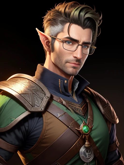 A realistic render of a serious 34 year old male high elf artificer with a brown quiff hairstyle, green eyes, round circle glasses and a light stubble