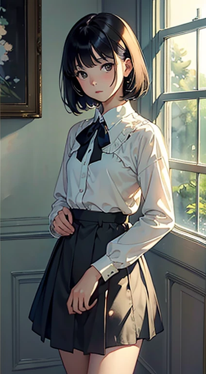 (Watercolor in Sargent style)、(top-quality、masterpiece)、超A high resolution、high-detail、(David Hamilton Style)、(softfocus)、Soft light、1girl in、、A stunning、Short black hair、Black eyes、tiny chest、校服、long skirt、a room、window、