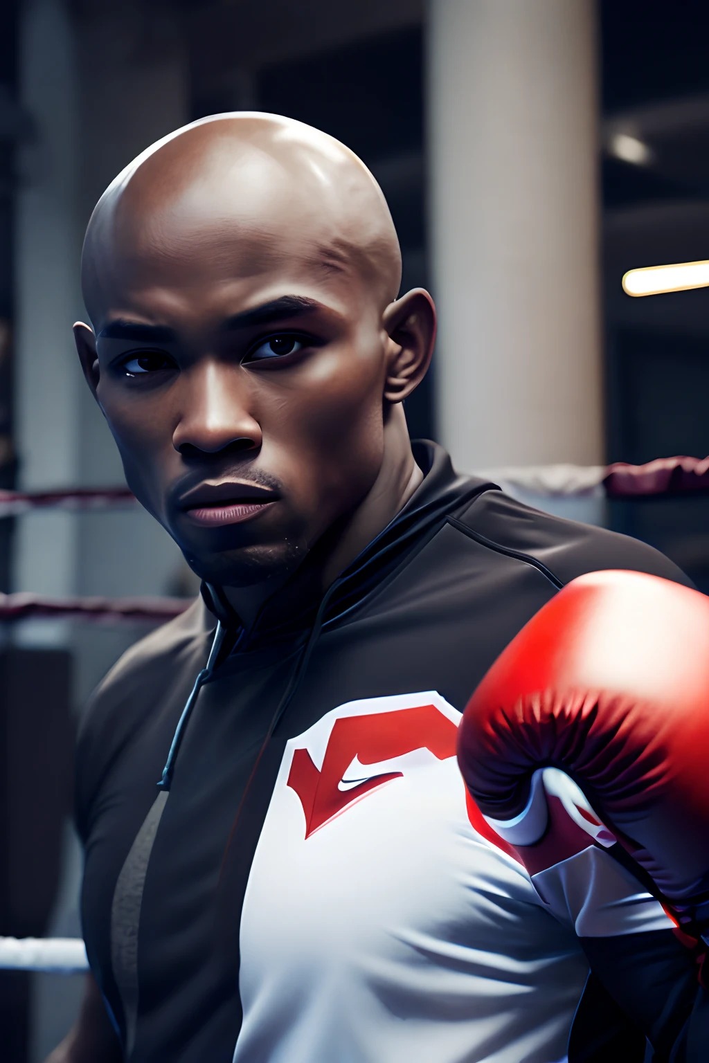 (((Boxing Athlete))), (extremely detailed 8k wallpaper), Dark Theme, Modern Horror, uses (Gym Clothes), fine focus, (subsurface dispersion:1.1), ((Young-aged black man))), (bald head), centered face, award-winning photography, dramatic lighting, In front of a large building.