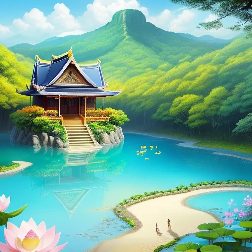 with a realistic、Be authentic、beautifly、amazing landscape、with blue sky and white clouds、flower、Chii、the woods 、mont、The lotus flowers,garden,vila,city,region,Yellow Temple、a paradise、a chair、a bed、Smoke、Fluttering Flag、Indoor, Red carpet,canopy,thai style,Resort、springtime、full bloom、flat land、celestial realm、Yellow roof、safety、railing、placid
