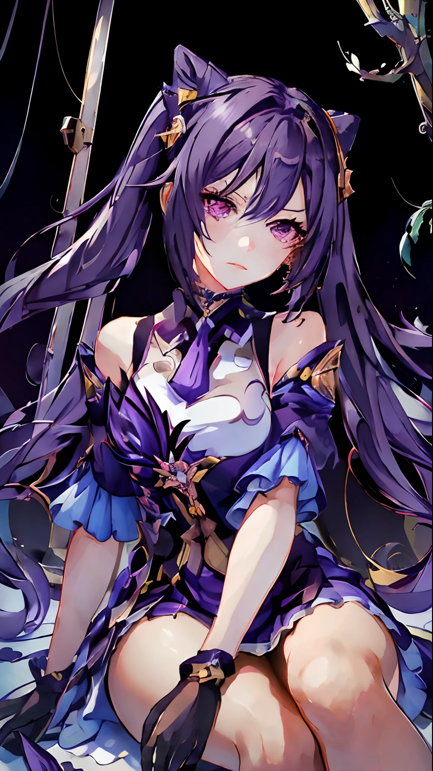 (masterpiece, best quality), 1girl, mechanical arms, cyborg, dark mood, dystopia, glowing, looking at viewer, sitting, long purple hair, twintails, bokeh