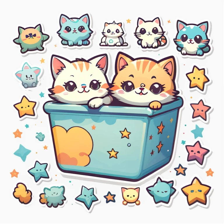 1 sticker, sticker, (cute, cat), stars, white background, no background, simple background, minimal, cute, tiny, pastel color, vector style, no gradient,