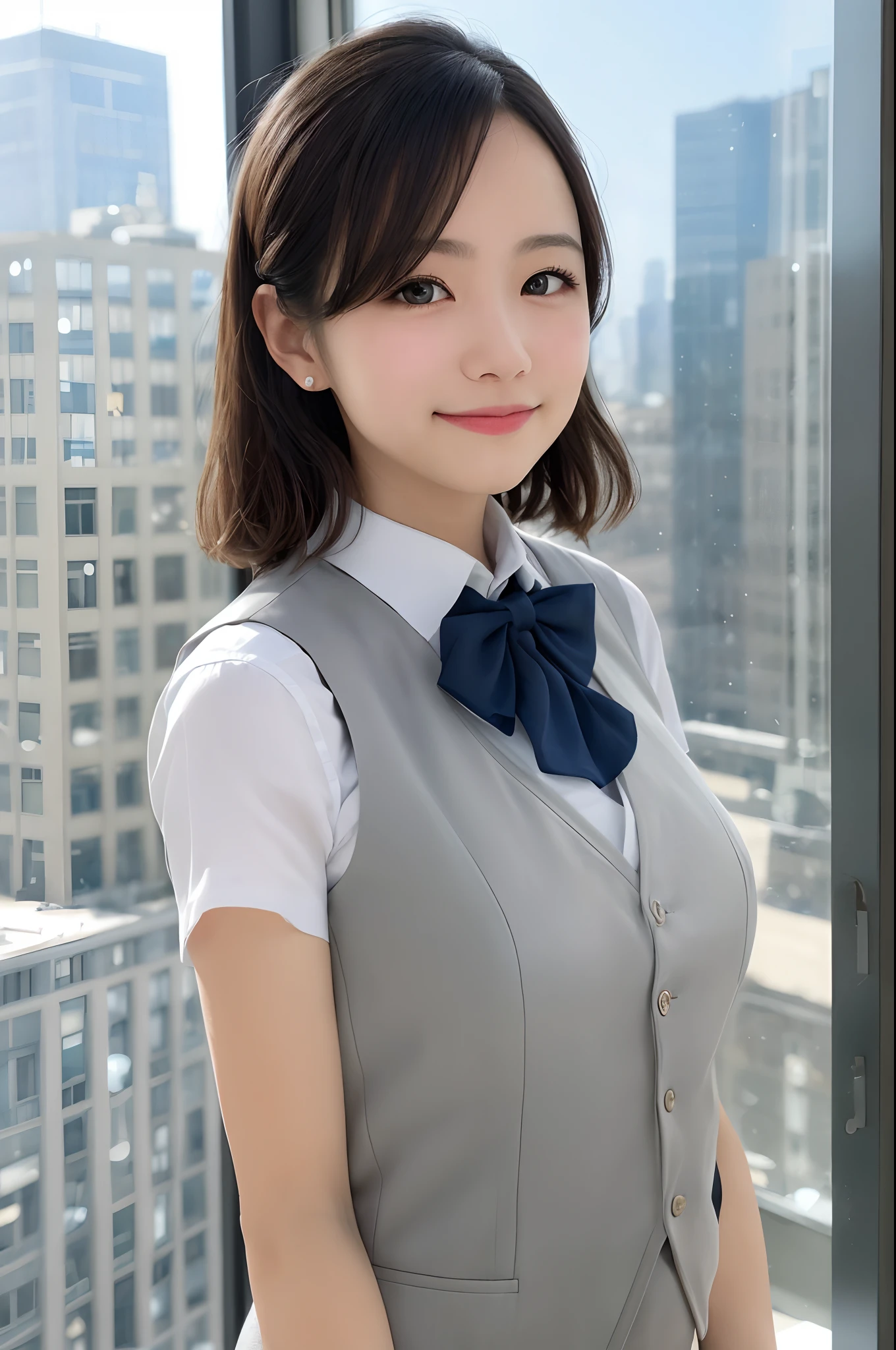 1girl, matured female, vest, bow, photo, realistic, best quality, hires, detailed face, office, buildings from window, detailed background, diffused sunlight, depth of field, bokeh