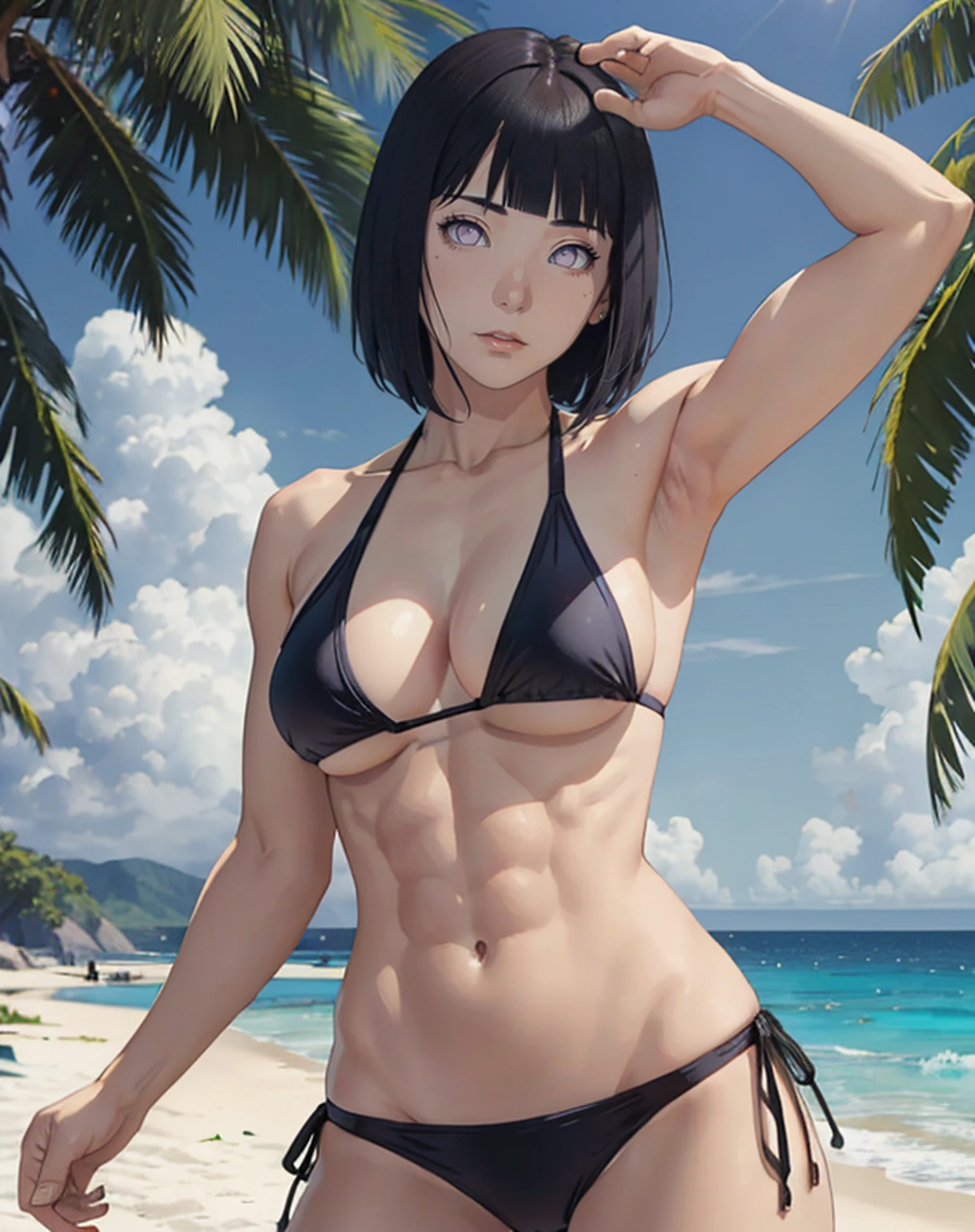 masterpiece, best quality, highres, ung woman, solo, /hinata/,bangs,dark hair, short hair, less pupils,perfect muscular body,firm muscle,abs:1.2, open legs,laying on your back, medium breast,(bikini:1.3),(extremely short tanga),(natural lighting),colorful,hd,(musculature:1.3), focus character,(sience fiction),sweety,(muscular body visible),(beach:1.2),