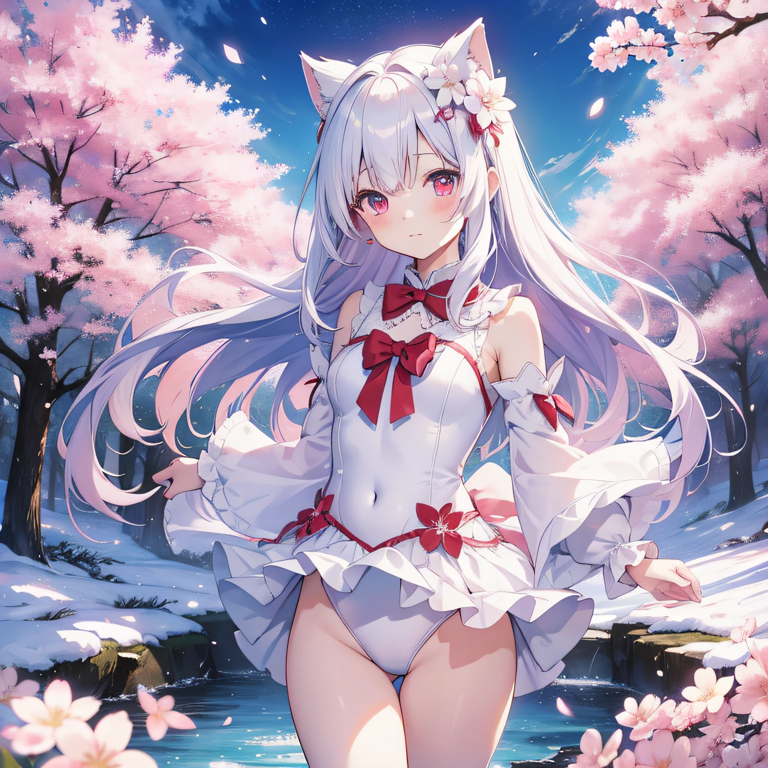 Beautiful illustration、top-quality、cute it girl、(transform sequence)、magical litrl、((Leotard))、Chibi、white magical girl、Fractal Art、albino、baby-faceg snoite and red mesh hair,,,,,,,,,,,、Beautiful detailed red eyes、lighting like a movie、cowboy shot、looking at the viewers、frombelow、Happiness、background is cherryblossoms