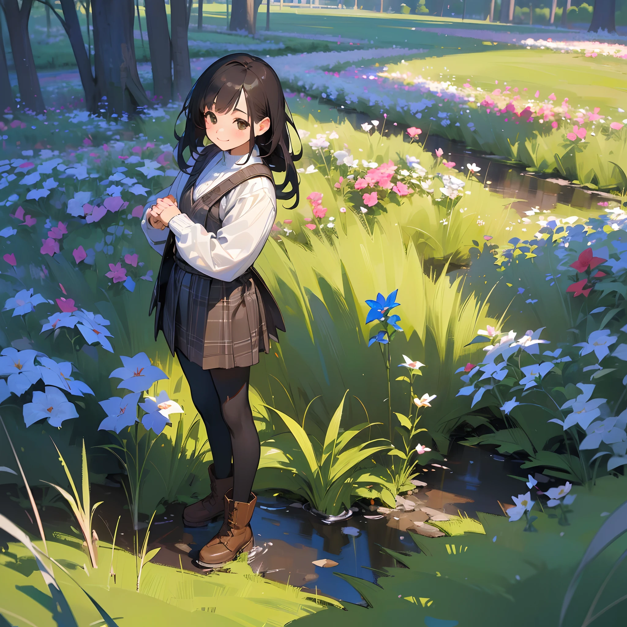 (High quality, High resolution, Ultra-detailed, Realistic:1.37), peaceful ambiance, (plein air, garden), Teenage girl standing alone, Beautiful detailed features, Cute smile, (Black bob hair), Rib Sweater, blue plaid skirt, Black tights, Brown boots.