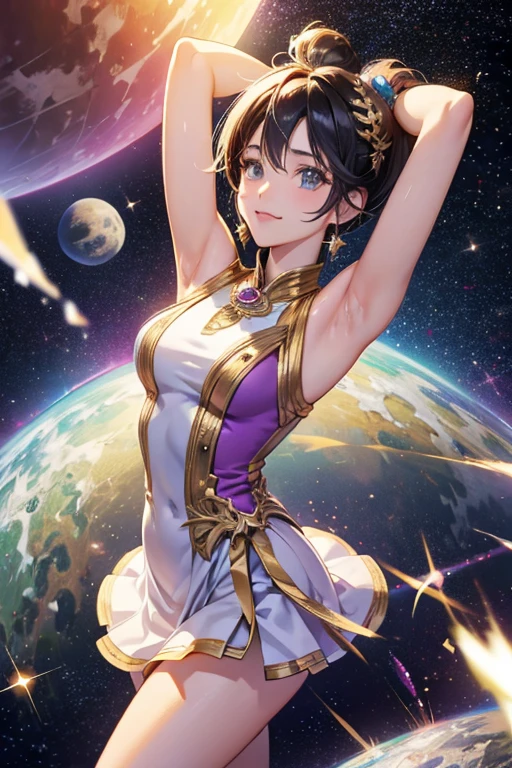 anime style; 3d; glitter; mercury planet goddess