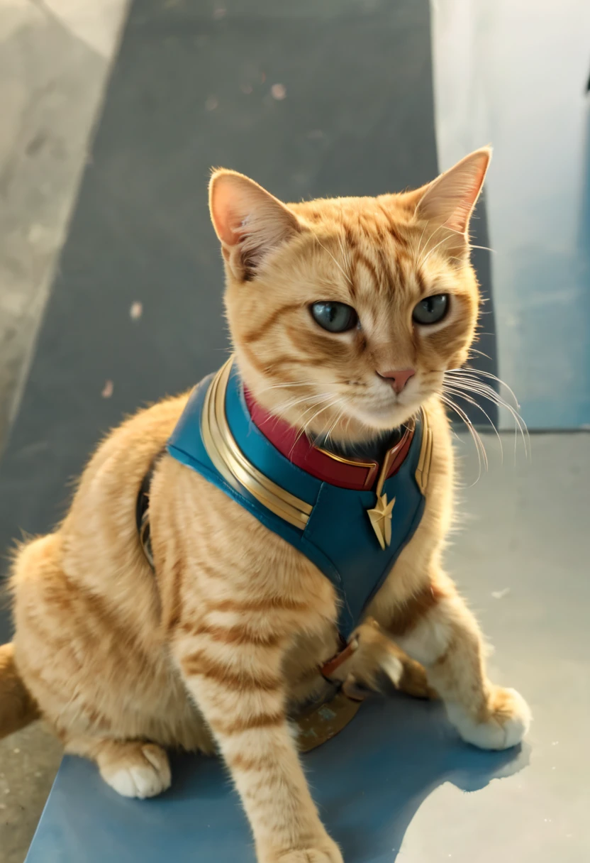 captain marvel and a flerken from marvel comics, orange cat wearing a collar, captain marvel, blonde girl, (brie larson), epic scene, (cinematic:1.2), dynamica angle, masterpiece, best quality