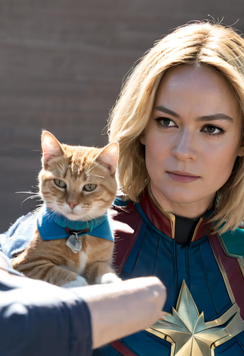 captain marvel and a flerken from marvel comics, orange cat wearing a collar, captain marvel, blonde girl, (brie larson), epic scene, (cinematic:1.2), dynamica angle, masterpiece, best quality