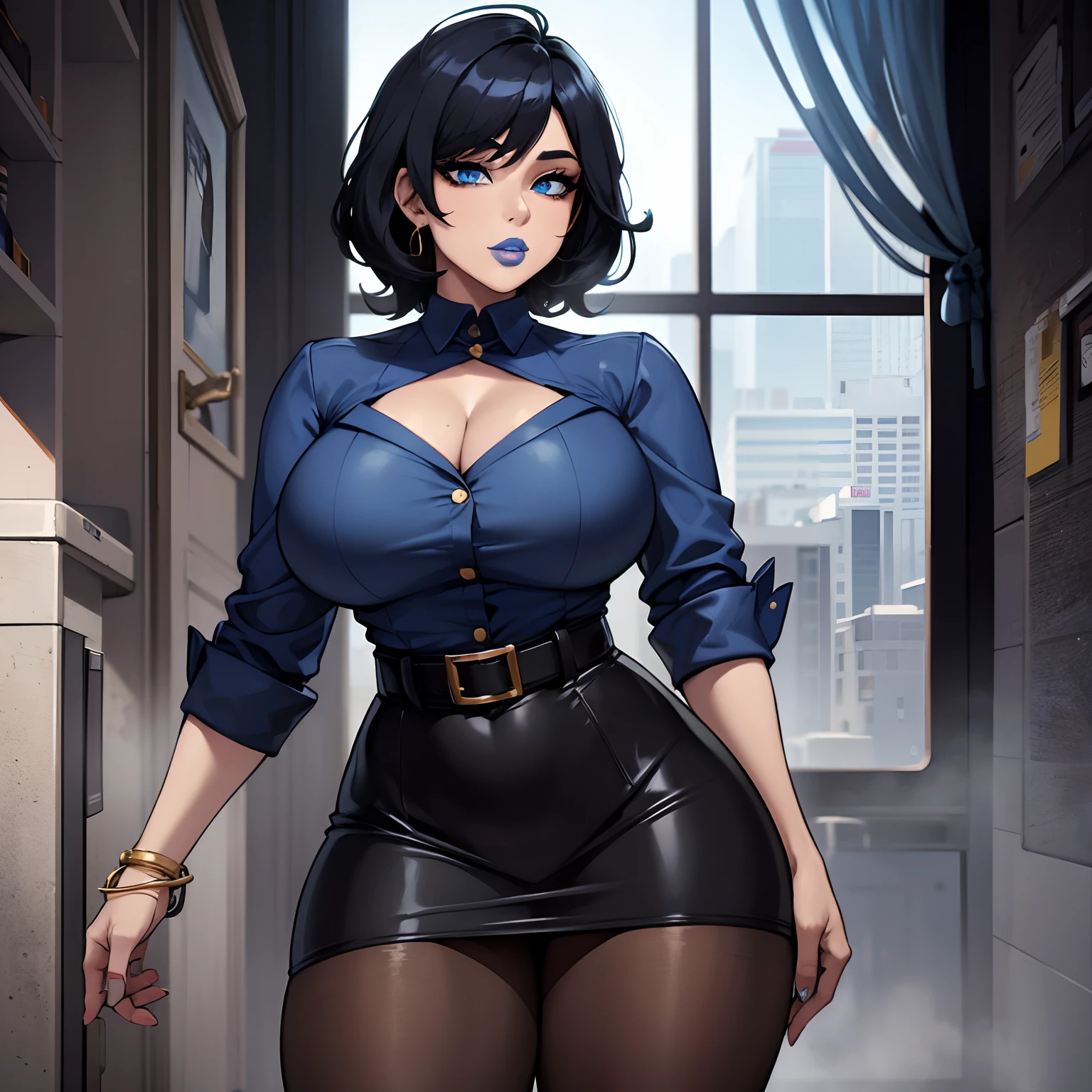 She's a stylish girl with a striking mix of black and blue short wavy hair. Her outfit consists of a chic button-up shirt paired with a short skirt, adorned with eye-catching jewelry. Notably confident, she carries herself with a sense of flair, complemented by a distinctive, confident presence. busty, wide hips, thick thighs, wearing blue lipstick, (Masterpiece)(Perfect lips) has blue lipstick, wearing gold jewlery, solo, alone (SOLO)(ALONE)