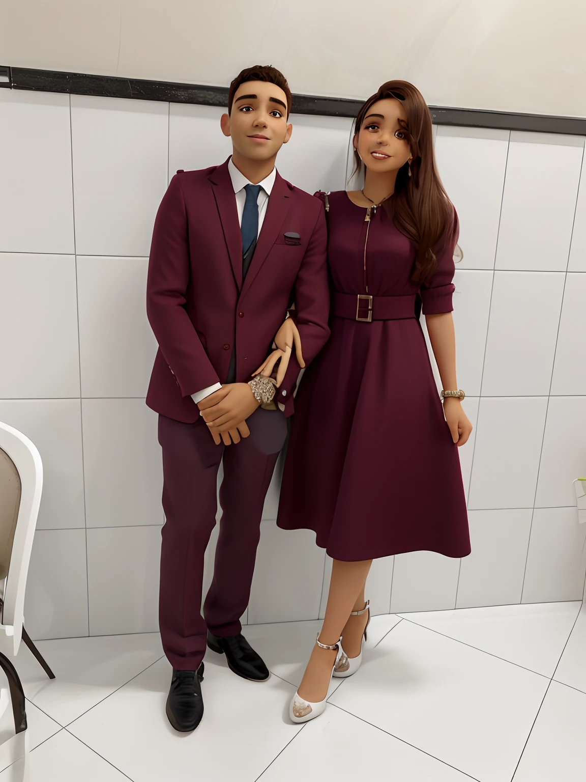 There are two people next to each other on white wall , Lovely couple, Fotografia tirada em 2 0 2 3, bem vestido, Casal feliz, Postagem 4k, 4 k post, imagem de perfil, david rios ferreira, masculino e feminino, vestindo trajes formais vermelhos, marrom e branco