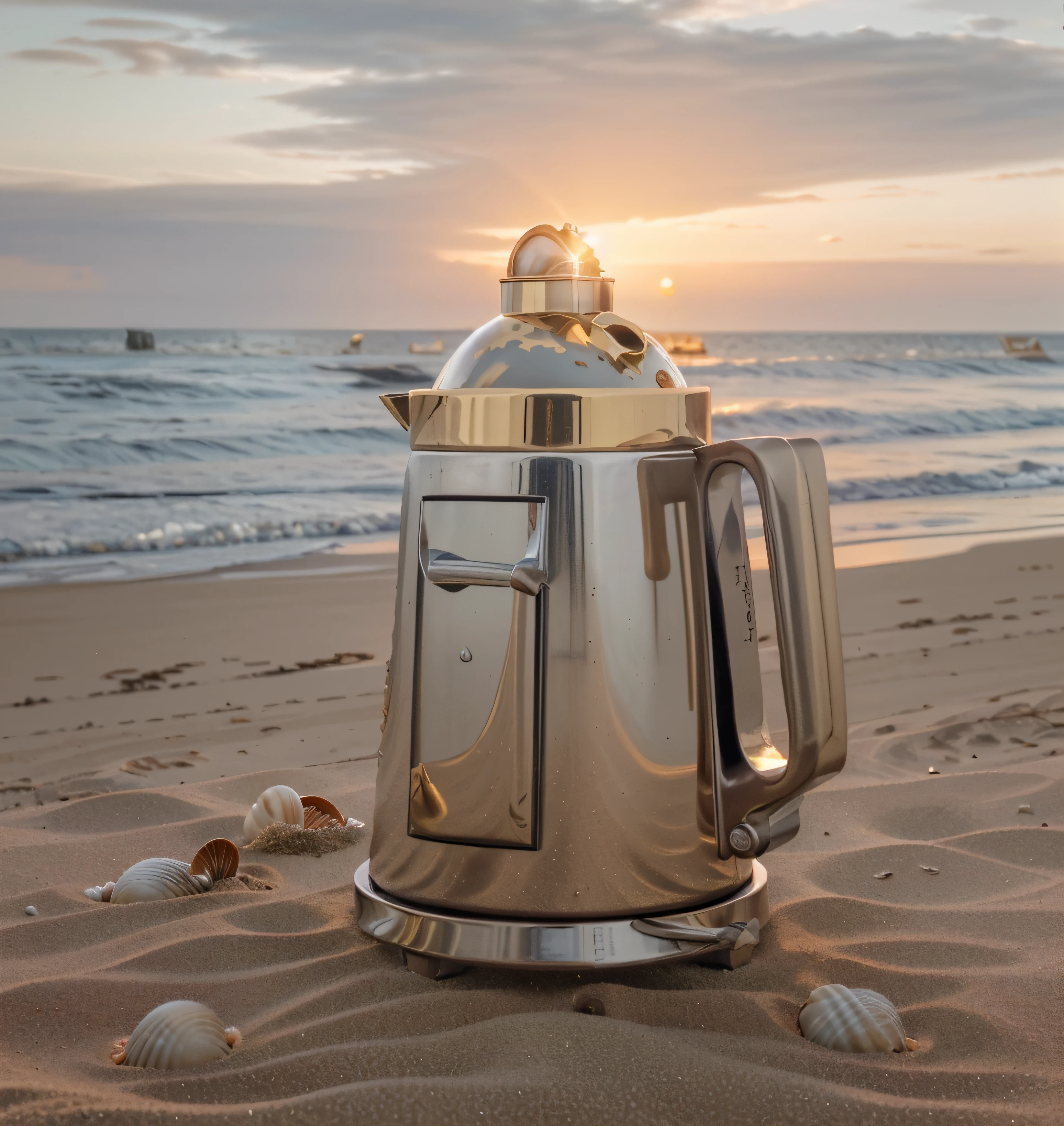 The kettle was filmed on the beach, Metal body,Cork handles,Stainless steel pot base,Gold lid and spout,in short, The material should be consistent with the image provided,The sunset over the sea should be sunny, Sharp sand, It is surrounded by some shells and starfish, High quality in the shadows, Sands is super quality, super detailing, 8K