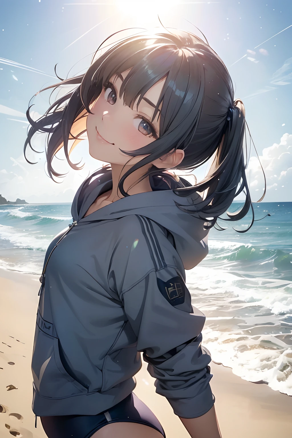 (masutepiece), (Best Quality), hyper detailed illustration，beautiful artwork，(Extreme Detail CG Unity 8K wallpaper、​masterpiece、top-quality)、(exquisite lighting and shadow、highly dramatic picture、cinematic lens effects)、Standing beach girl in grey hoodie and school swimsuit, Black long hair girl wearing a hoodie, beautiful  Girl, cg art, anime style 4 k, Seductive Girl, 4k wallpaper, attractive girl, beautiful  Girl, beautiful alluring teen, Art styles, Look back，(Evil smile:1.2)，Brown eyes，Wide blue sky，(Tsurime)，(straggling hair)，Saw，poneyTail，(On the beach)，beach side，(light glow:1.2)，(light Particle:1.2)，(strong light coming  in)，(arched body:1.2)，(Head tilt)，(dark blue school-swimsuit:1.2)