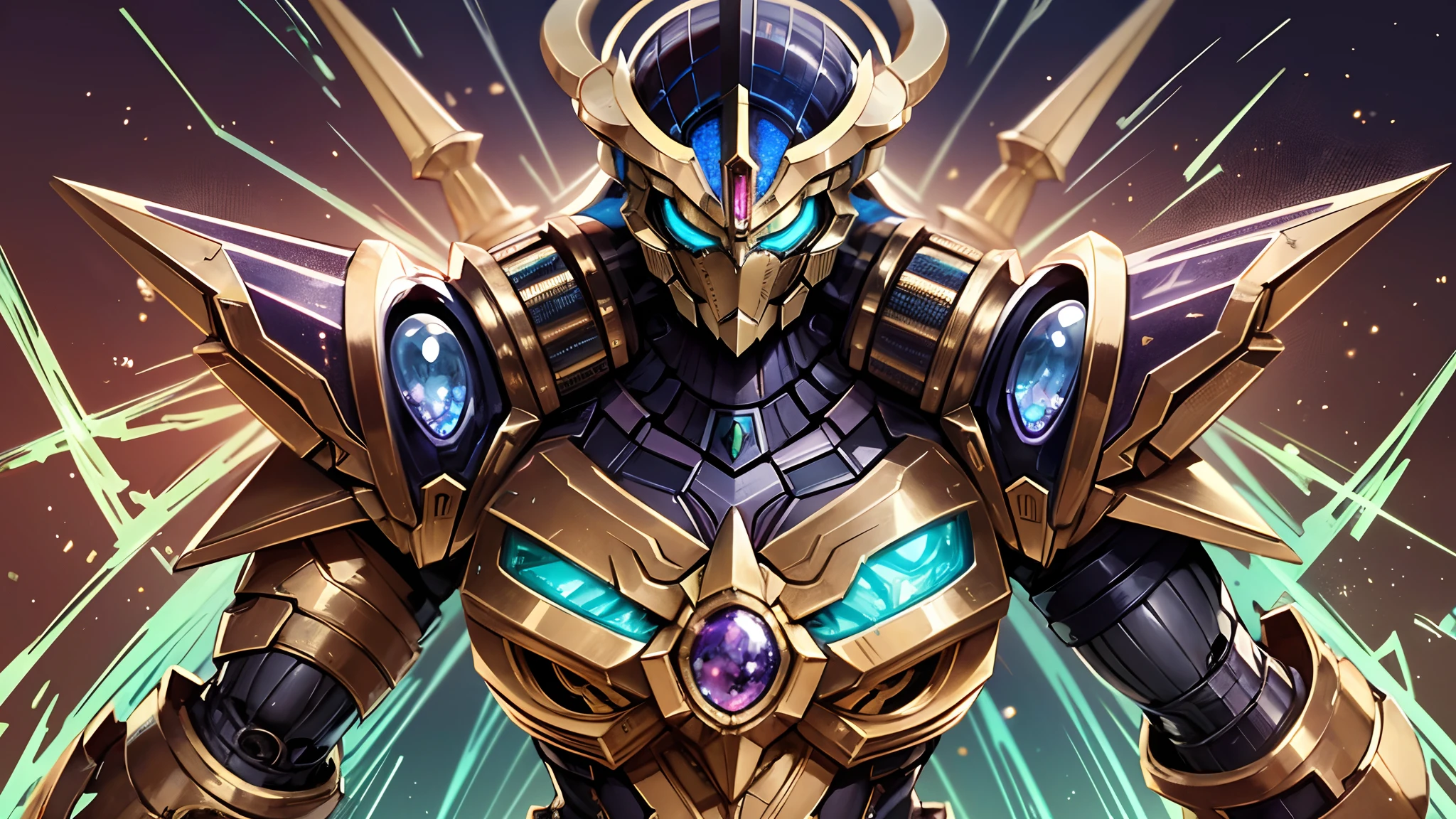 steampunkGUNDAM blend Xenomorhp,the 6 Infinity stones,The Infinity Gauntlet arm,emeald dragon scale armour, superhero,saintseiya, avenger, TimBurtonArt, kamenriderW ,Super beautiful detailed face, super detail, high resolution, ultra-quality, very wide shoot angle, 4K landscape wallpaper --auto --s2