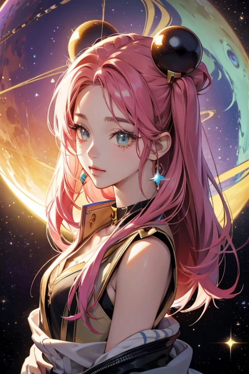 anime style; 3d; glitter; saturn planet goddess