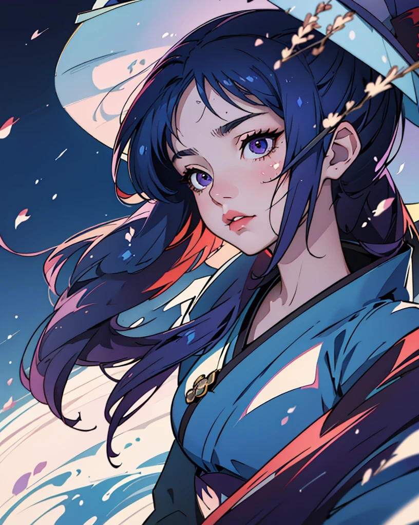happy, bared legs, Japanese temple, (Highest Quality,masterpiece,8k wallpaper:1.2),((Pale skin)),1girll,Solo Woman,((Genshin_impact,Mona general)),Hydro particles ,Blue magic energy,Bright background,the cherry trees,blue and purple color-theme,Delicate facial features,Sexy beautiful anime girl,Astrologist Mona ,Long blue hair,rosy lips,Anime mouth,Keep one's mouth shut,A sexy mature woman,(Severely melancholy face),Detailed eyes, small boobs figure,large witch hat,