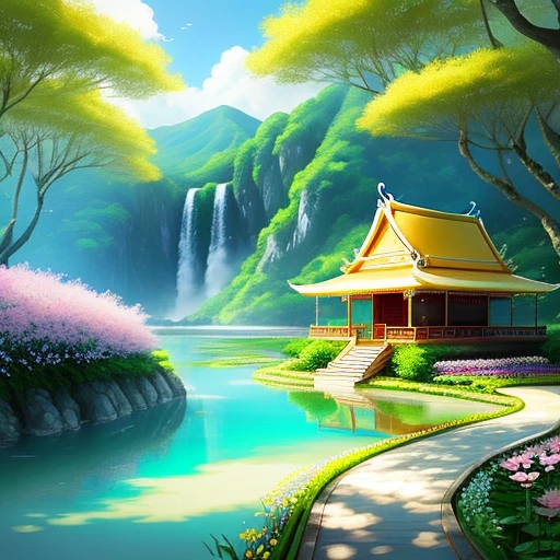 with a realistic、Be authentic、beautifly、amazing landscape、with blue sky and white clouds、flower、Chii、the woods 、mont、The lotus flowers,garden,vila,city,region,Yellow Temple、a paradise、a chair、a bed、Smoke、Fluttering Flag、Indoor, Red carpet,canopy,thai style,Resort、springtime、full bloom、flat land、celestial realm、Yellow roof、safety、railing、placid