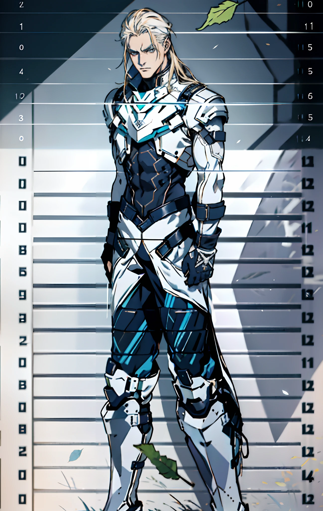 A middle-aged man, long platinum-blond hair, neatly combed hair, a square face, a serious expression, sharp eyes, tall figure, a dark fantasy-realistic style bodysuit, short sleeve, a silver-white chestplate, gloves with metal accessories, three metal blades extending from the gloves, tight-fitting pants that match the bodysuit, silver-white metal shin guards, boots, the background is a mountain forest at night, with falling leaves, this character embodies a finely crafted fantasy-realistic style assassin in anime style, characterized by an exquisite and mature manga illustration art style, high definition, best quality, highres, ultra-detailed, ultra-fine painting, extremely delicate, professional, anatomically correct, symmetrical face, extremely detailed eyes and face, high quality eyes, creativity, RAW photo, UHD, 8k, Natural light, cinematic lighting, masterpiece-anatomy-perfect, masterpiece:1.5