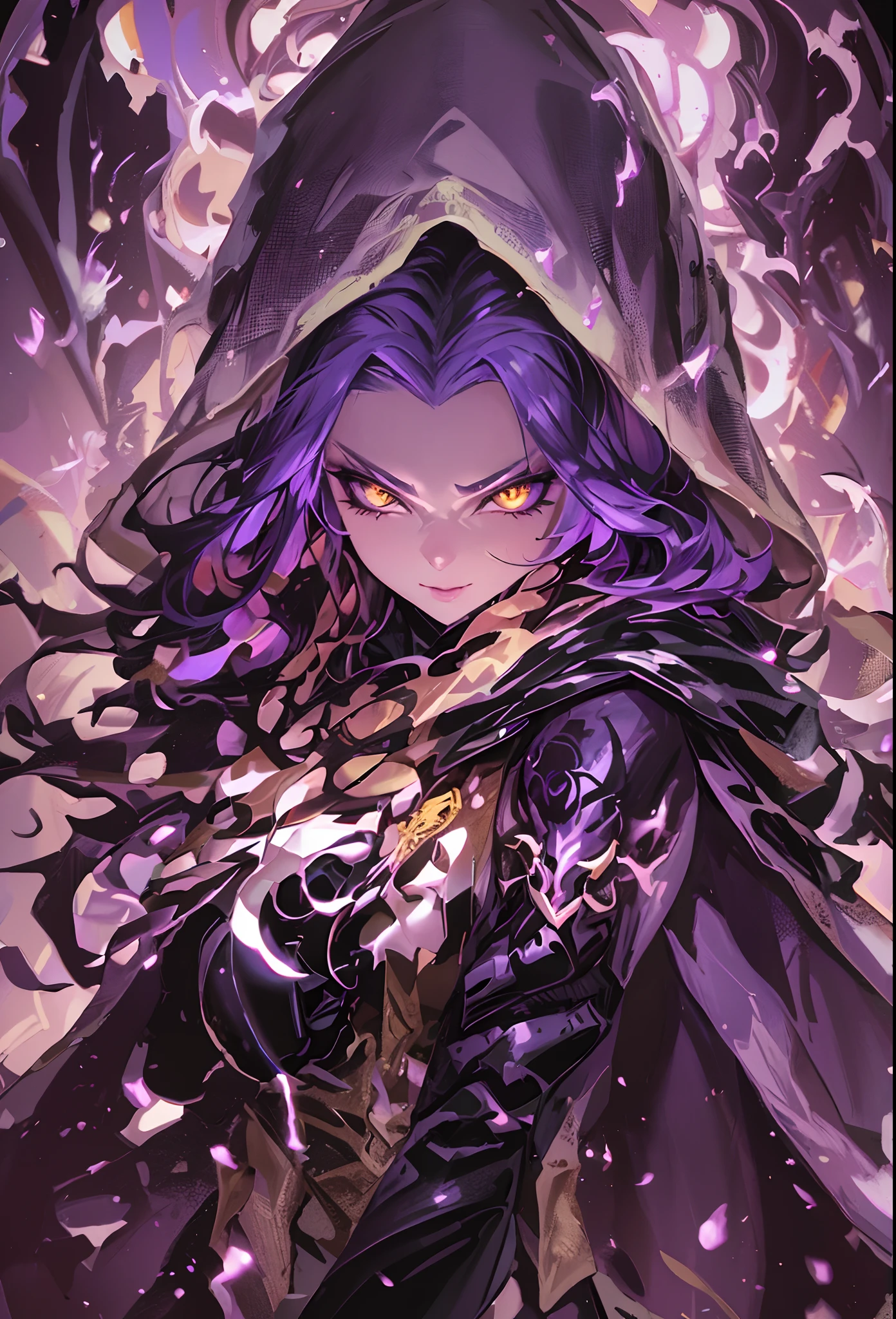 The most beautiful and sexy demon sorceress, long glowing violet hair, yellow eyes, wearing a hooded cloak and highly detailed battle armor, tattoos and piercings, casting a powerful and destructive magic spell, perfect masterpiece, high quality, high resolution, full body image