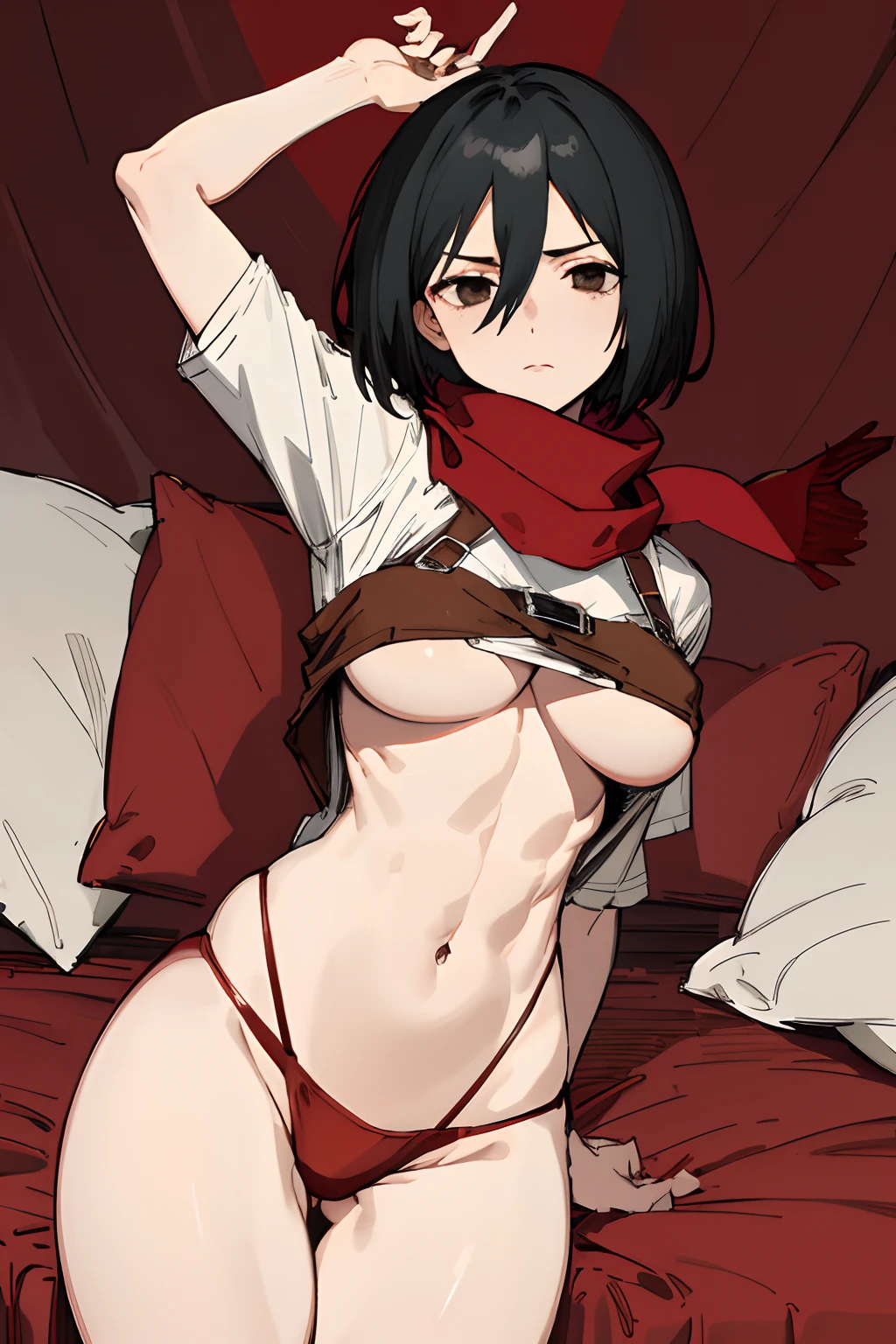 Master Parts, Best Quality, Haute, hmmikasa, Short hair, Black eyes, ((red panties)), Scarf, red scarf, attack on titan, bedroom, big boobs, thick thighs, slight muscles, white oversize tshirt, skinny