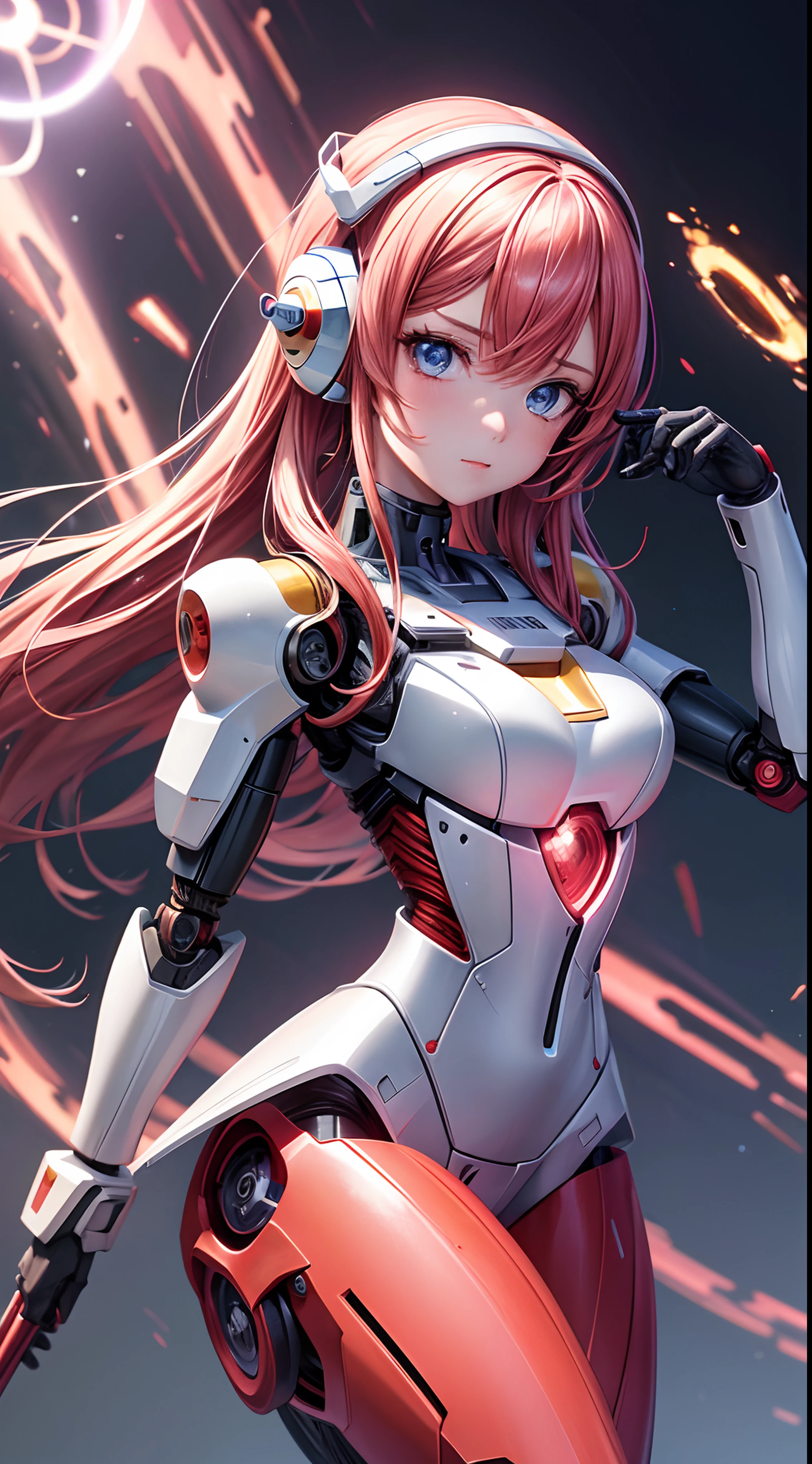 A cute girl with red twin tails wearing a red and white robot-like barrette, beautiful detailed eyes, beautiful detailed lips, extremely detailed face, long eyelashes, a red and white mechanical idol costume with frills, slightly larger machine-made breasts creating cleavage, exposed mechanical limbs, dynamic poses with a microphone in one hand, exciting the arena, a futuristic live stage background with monitors and cheering audience, realistic mecha representation, high quality, (masterpiece, best quality, 4k, 8k:1.5), ultra-detailed, ultra-fine painting, dramatic lighting, physically-based rendering, vivid colors, professional photography