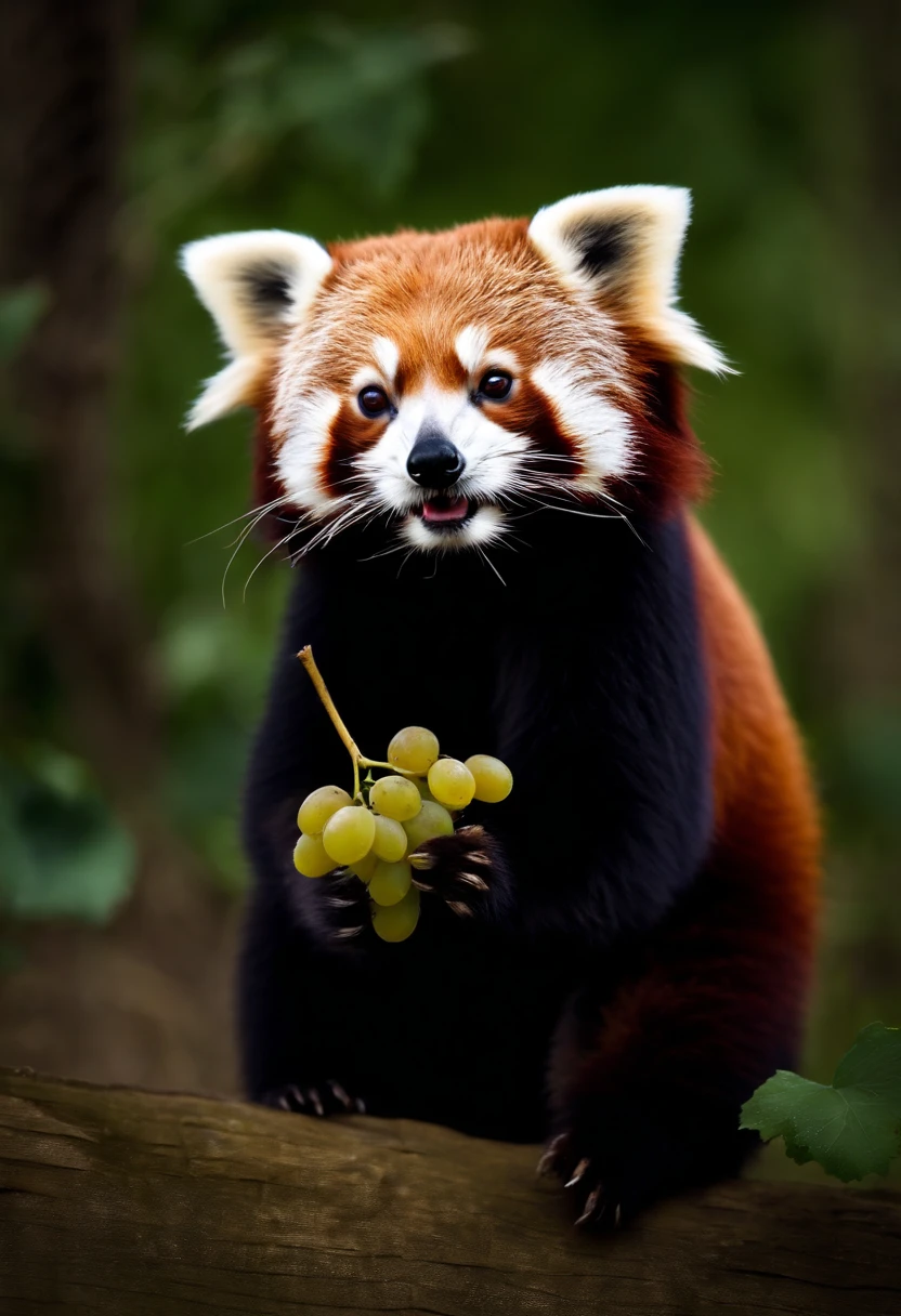 A cute red panda stands eating grapes