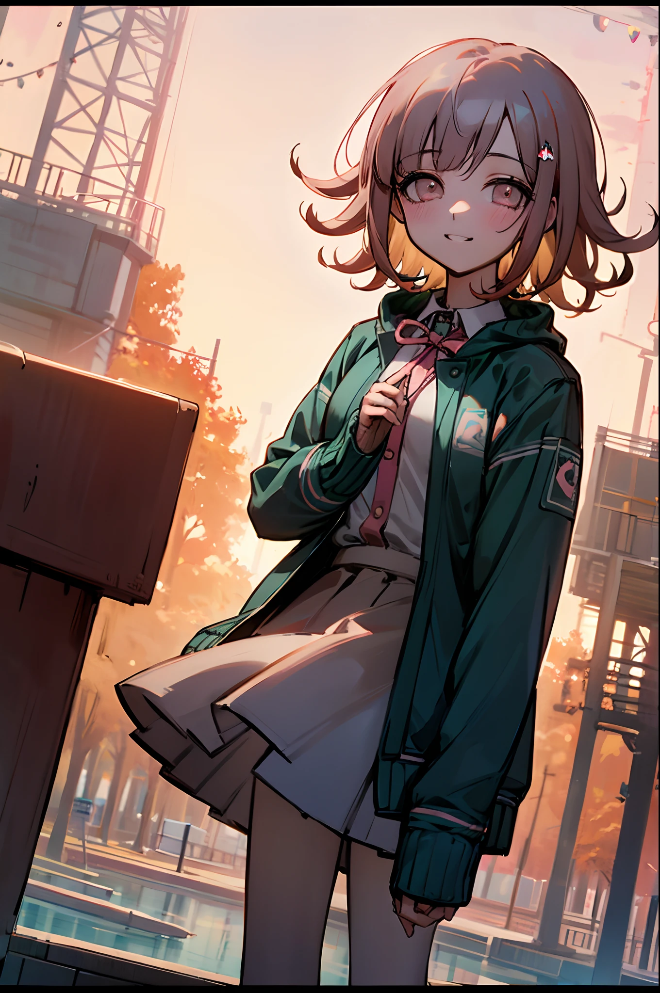 Chiaki nanami smiling while holding hands with the viewer, walking next to each other at a park during sunset, colorful oranges and pinks in the sky, finely detailed environments and clothes, focused on her smiling face, lighthearted, soothing, beautiful moment, digital art, artstation portfolio piece, more_details:-1, more_details:0, more_details:0.5, more_details:1, more_details:1.5,Chiaki Nanami, Nanami Chiaki, short hair, teal hoddie jacket, white neck shirt, beige skirt, pinke eyes and huir, romantic, hearts in the air, ^^