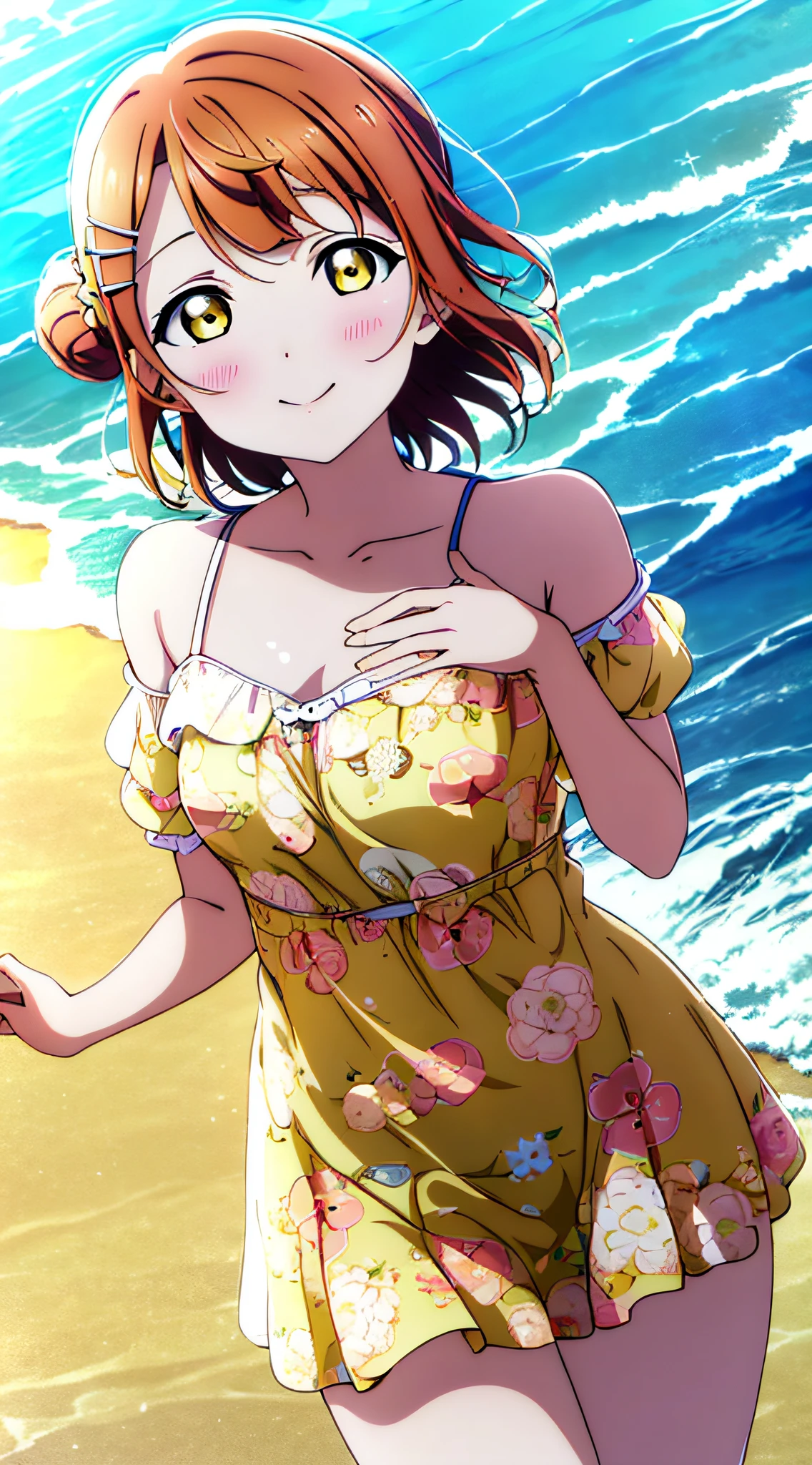 (best quality), (HD),high quality, best quality, masterpiece, ayumu uehara, 1girl, Anime-style color grading, bushiroad studio coloring style, yellow eyes, medium hair, sunny day, beach, chilling