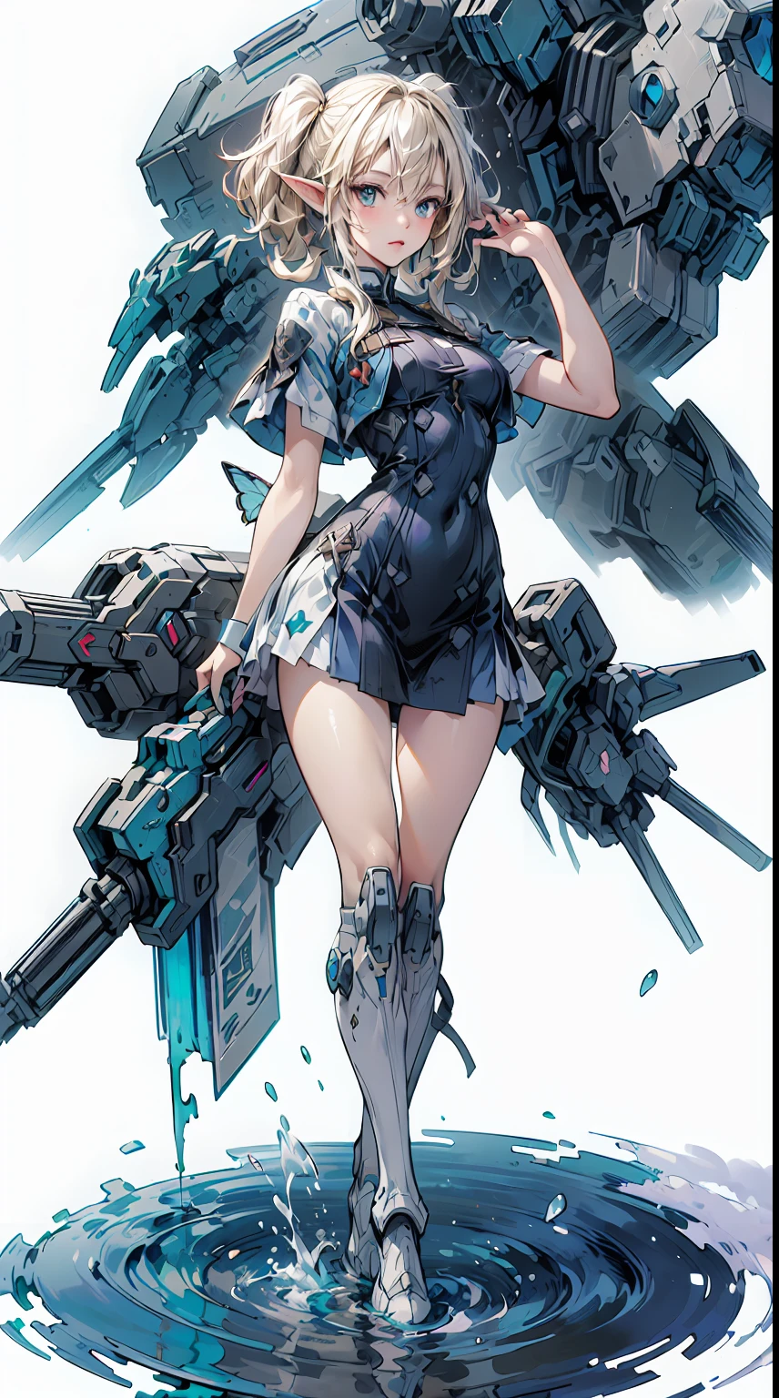 [(white background:1.5)=5], (bottle bottom:0.9), 1 elf girl, mid shot, full body, (mecha wing, mecha leg, mecha hand),((short blonde white hair, twin tail)), asymmetrical bangs, highly detailed face and eyes, Perfect lips, butterflies, floating petal, stone fragment, beautiful detailed water, cloud, sun, dusk, sunset, beautiful detailed cloud, ocean, sea waves, water splashes, Dramatic pose, cinematic lighting, fine expression, fine detail, fantasy art, illustration, masterpiece, digital art, drawing, in the style of Yusuke Murata.