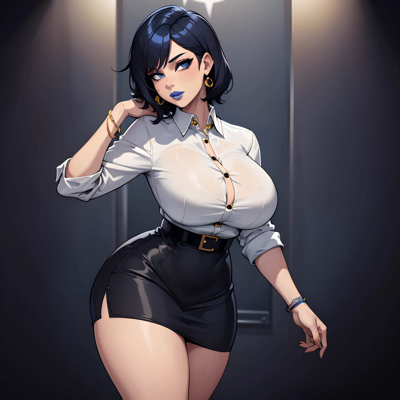 She's a stylish girl with a striking mix of black and blue short wavy hair. Her outfit consists of a chic button-up shirt paired with a short skirt, adorned with eye-catching jewelry. Notably confident, she carries herself with a sense of flair, complemented by a distinctive, confident presence. busty, wide hips, thick thighs, wearing blue lipstick, (Masterpiece)(Perfect lips) has blue lipstick, wearing gold jewlery, solo, alone (SOLO)(ALONE)