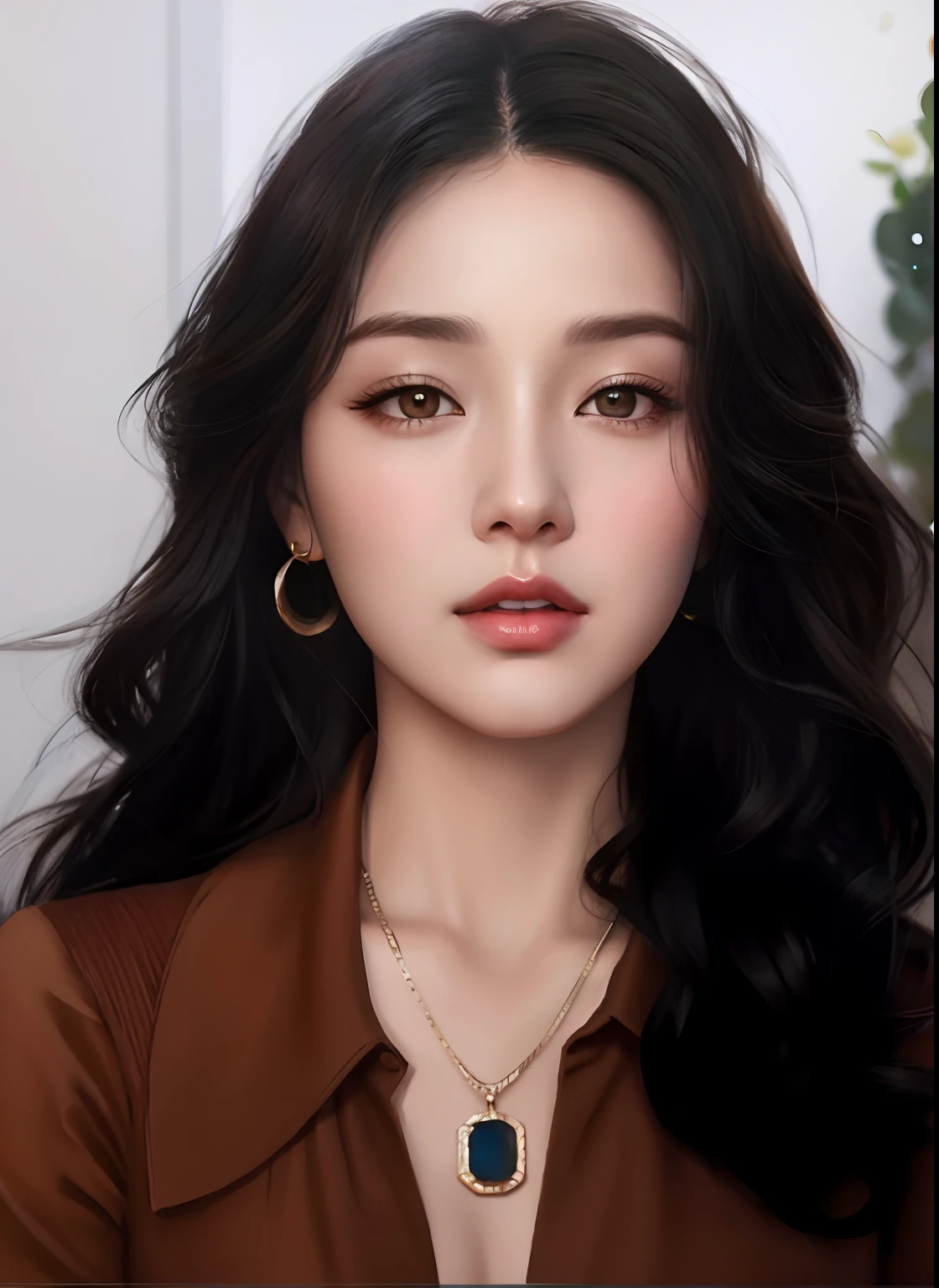 uma mulher com longos cabelos pretos e uma camisa marrom, realismo artstyle, pintura realista da bonito, pintura digital realista, Realistic. Cheng Yi, inspirado em Yanjun Cheng, estilo de arte realista, fotorrealista!!!!!!! estilo de arte, estilo de arte realista, No estilo de arte de Bowater, realistic digital illustration, 8 k arte digital realista, desenho digital realista, realismo estilo de arte