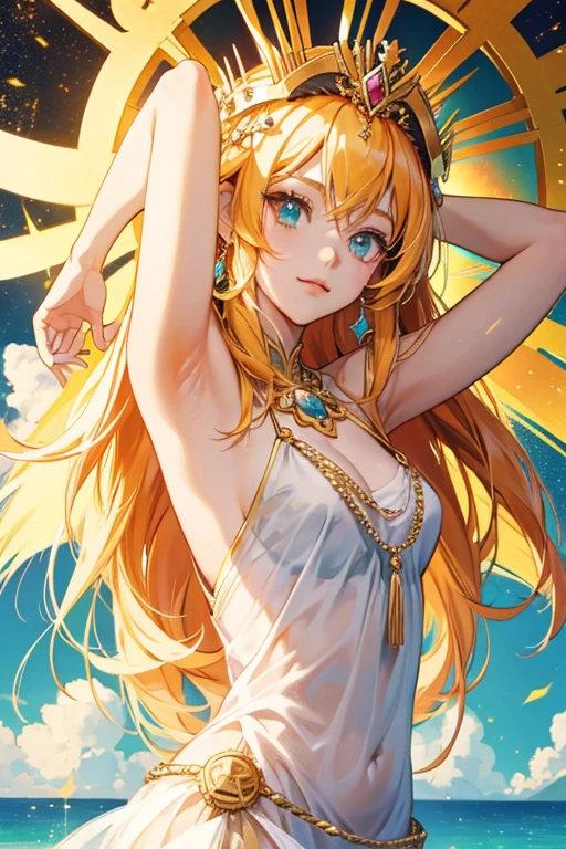 1 girl, light blonde hair, serene expression, mesmerizing eyes, straight long hair, ((completely naked, fully naked)), poised posture, porcelain skin, subtle blush, blue crystal pendant, earring, golden hour, (rim lighting):1.2, warm tones, sun flare, soft shadows, vibrant colors, painterly effect, dreamy atmosphere, scenic lake, distant mountains, willow tree, calm water, reflection, sunlit clouds, peaceful ambiance, idyllic sunset, flat art, ultra detailed, official art, unity 8k wallpaper, zentangle, mandala