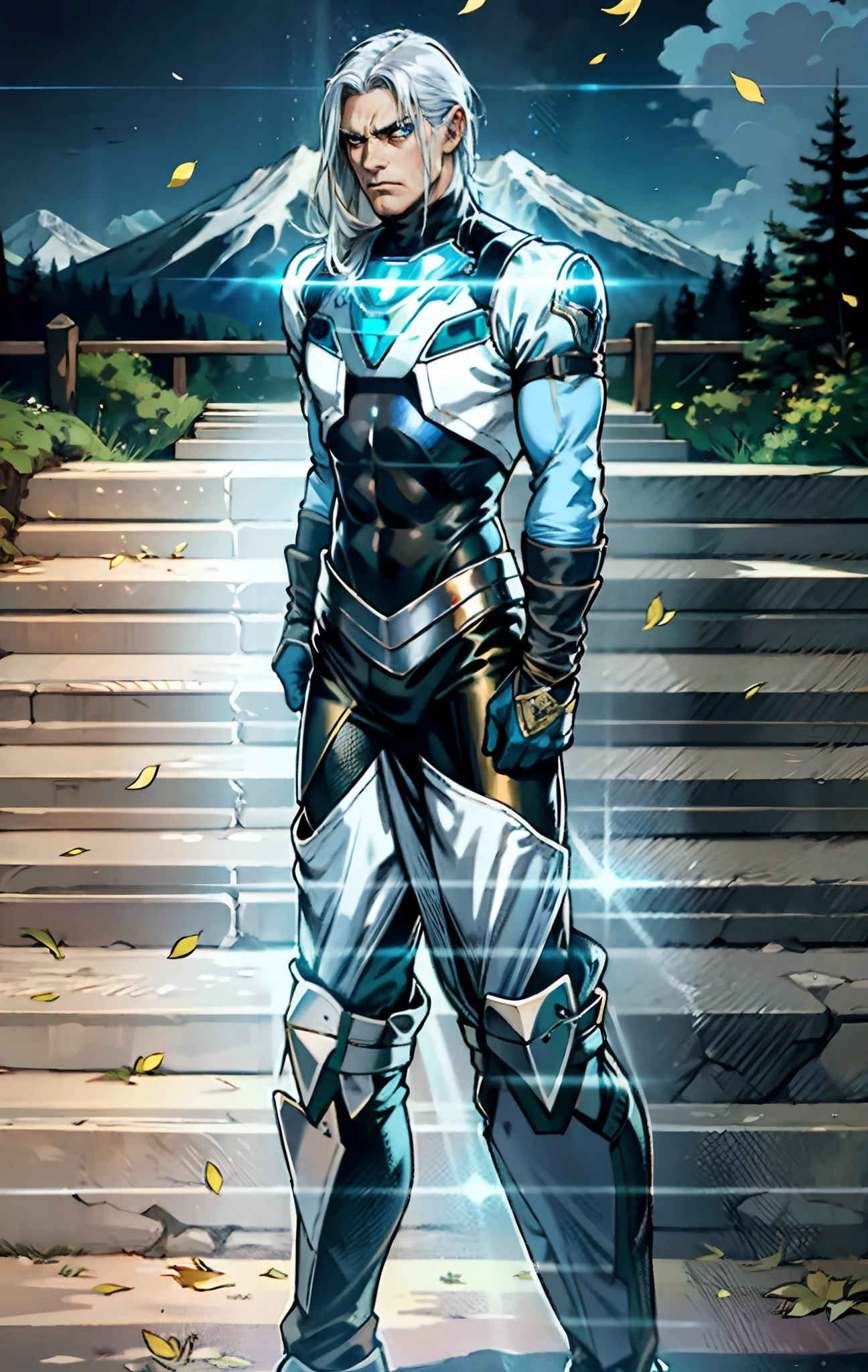 A middle-aged man, long platinum-blond hair, neatly combed hair, a square face, a serious expression, sharp eyes, tall figure, a dark fantasy-realistic style bodysuit, short sleeve, a silver-white chestplate, gloves with metal accessories, three metal blades extending from the gloves, tight-fitting pants that match the bodysuit, silver-white metal shin guards, boots, the background is a mountain forest at night, with falling leaves, this character embodies a finely crafted fantasy-realistic style assassin in anime style, characterized by an exquisite and mature manga illustration art style, high definition, best quality, highres, ultra-detailed, ultra-fine painting, extremely delicate, professional, anatomically correct, symmetrical face, extremely detailed eyes and face, high quality eyes, creativity, RAW photo, UHD, 8k, Natural light, cinematic lighting, masterpiece-anatomy-perfect, masterpiece:1.5