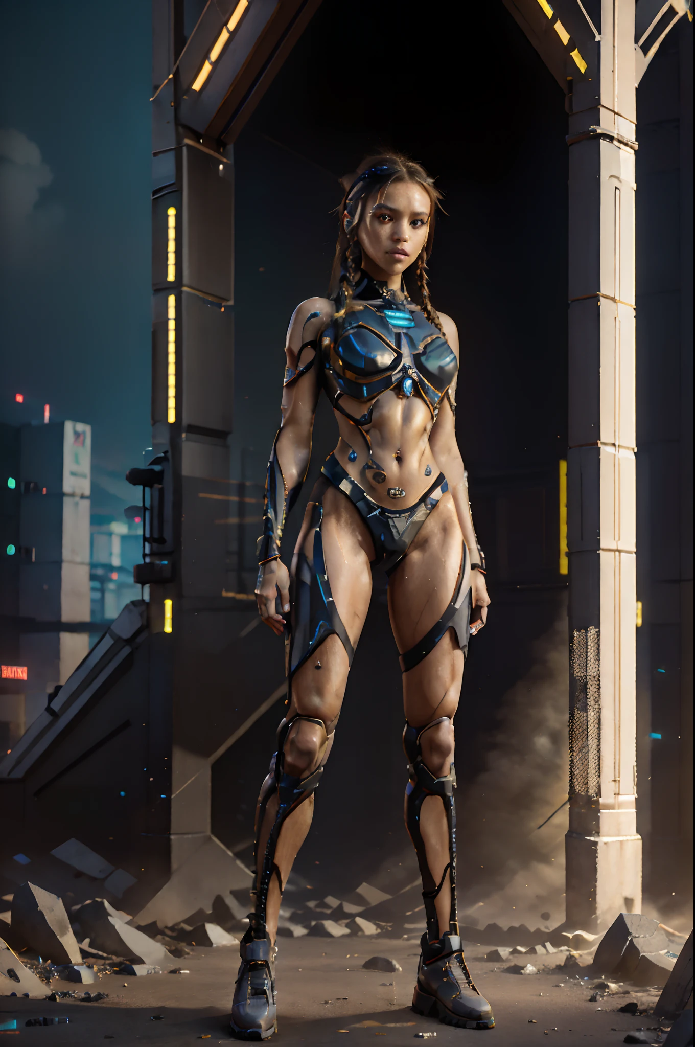 Beautiful women, Jenna Ortega, Mech Punk ((full body)) clothes with braided hair, [[front and back views]], hyper detailed, digital art, Cyberpunk style, cybercinematic lighting, studio quality, smooth render, unreal engine 5 rendered, octane rendered, art style by klimt and nixeu and ian sprigger and wlop and krenz cushart