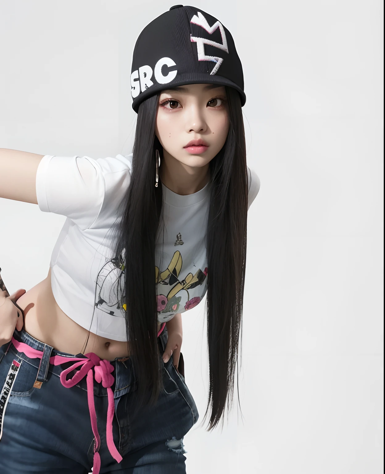 Araffe girl with long hair wearing a hat and jeans, jennie blackpink, jossi do blackpink, Parque Roseanne do Blackpink, she is wearing streetwear, Retrato de Jossi de Blackpink, foto de modelo de slim, O corte Hime, Asian girl with long hair, preto hime corte cabelo, com cabelos longos, young asian girl, Ela parece uma mistura de Grimes